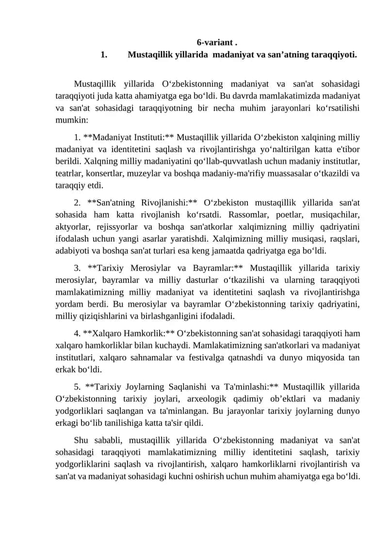 Mustaqillik yillarida madaniyat va sanʼatning taraqqiyoti