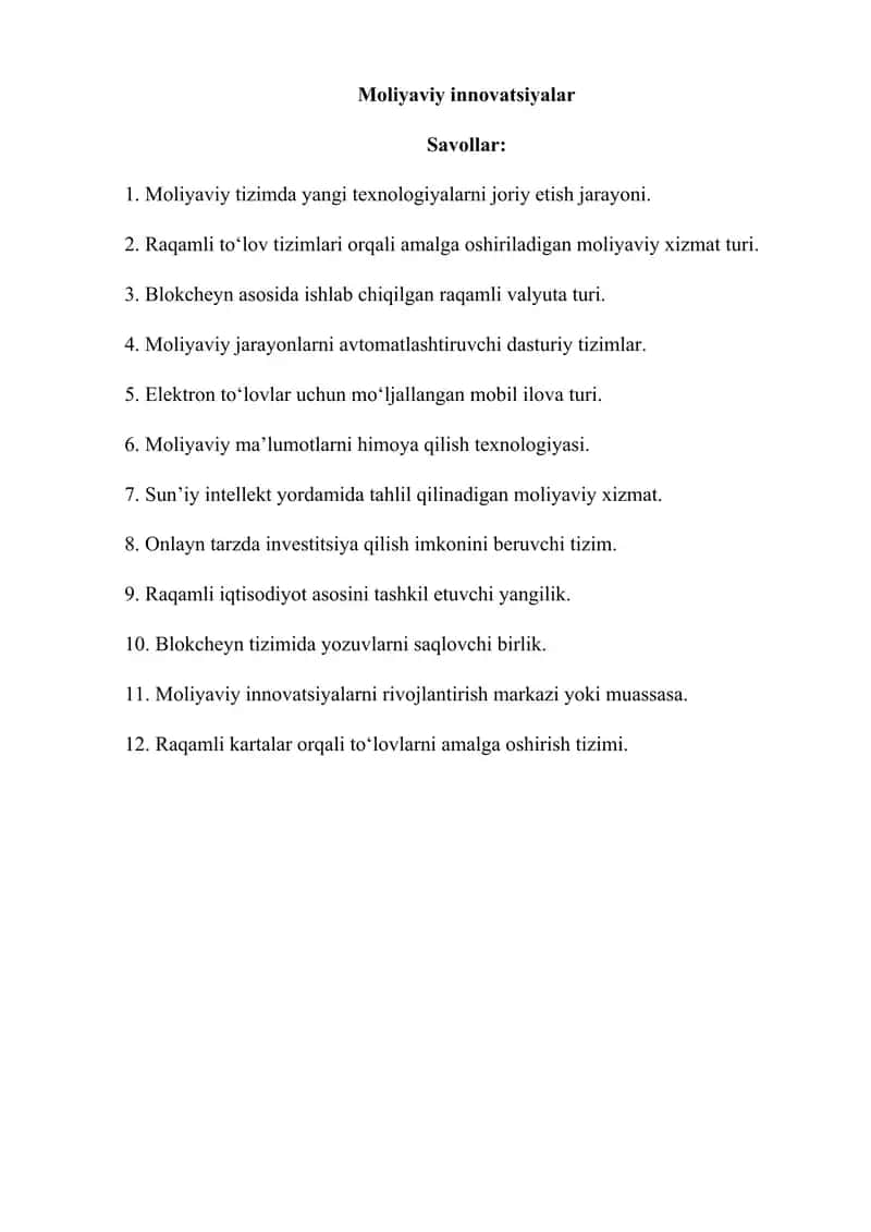 Moliyaviy innovatsiyalar(12 ta krassvord)