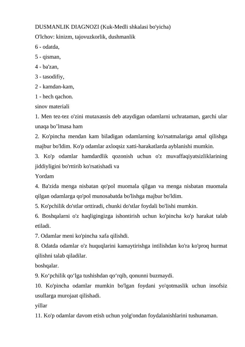 DUSMANLIK DIAGNOZI (Kuk-Medli shkalasi bo'yicha)