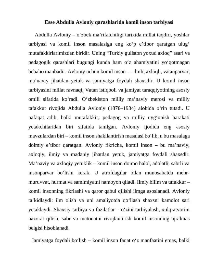 Esse Abdulla Avloniy qarashlarida komil inson tarbiyasi