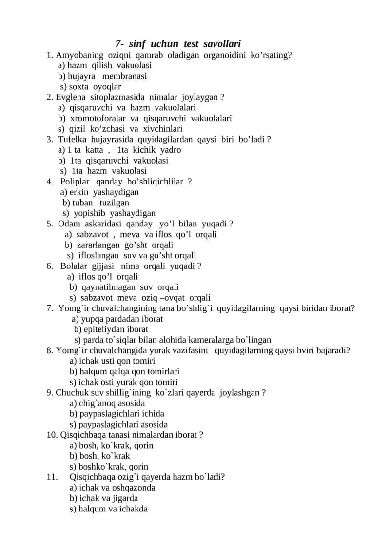7- sinf uchun test savollari