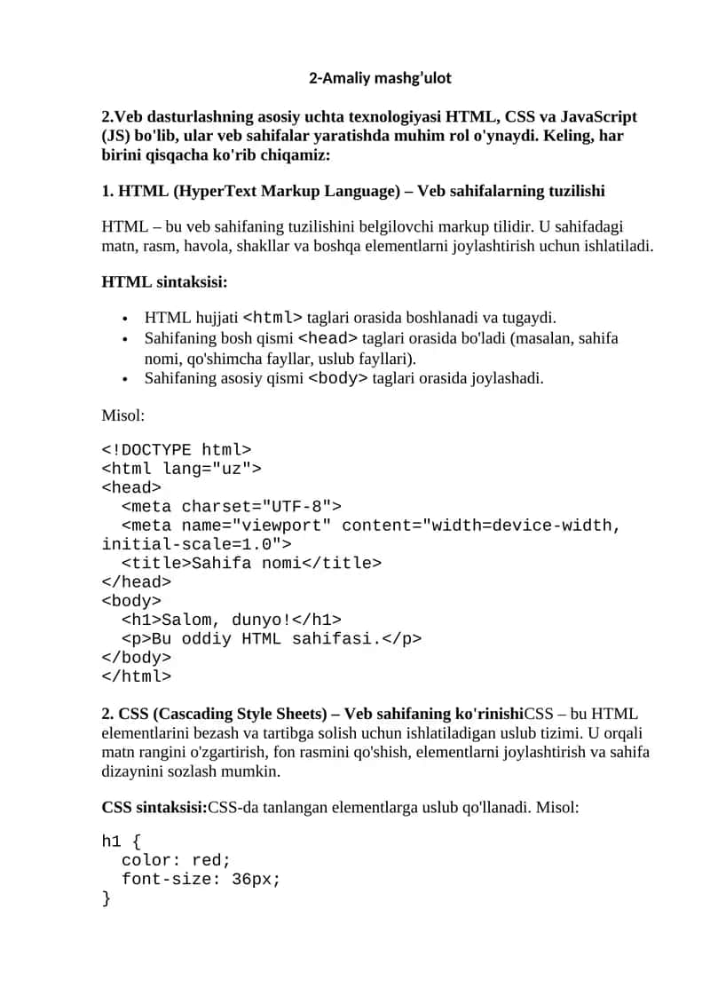 HTML, CSS va JavaScript (JS)