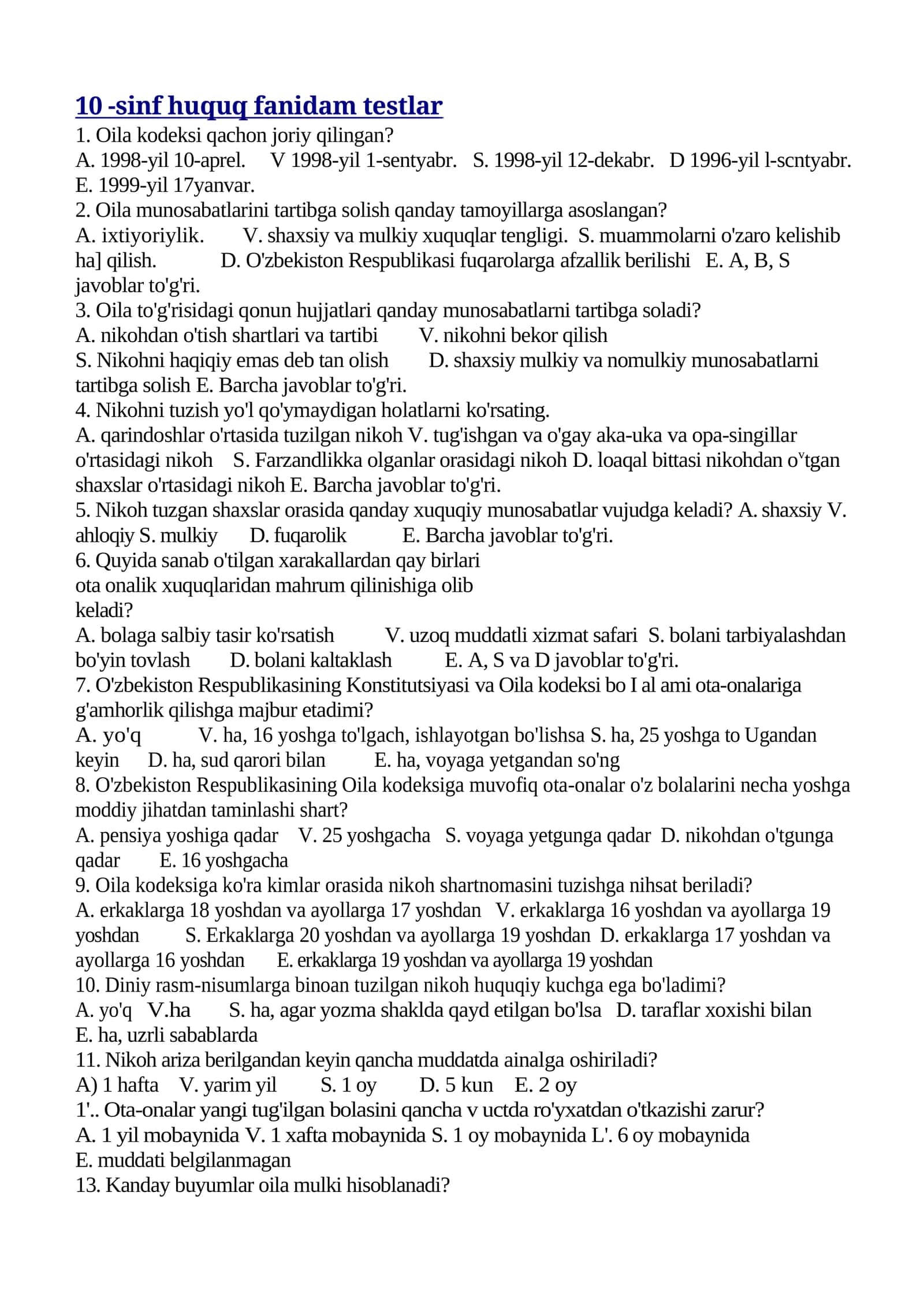 10-sinf huquq fanidam testlar