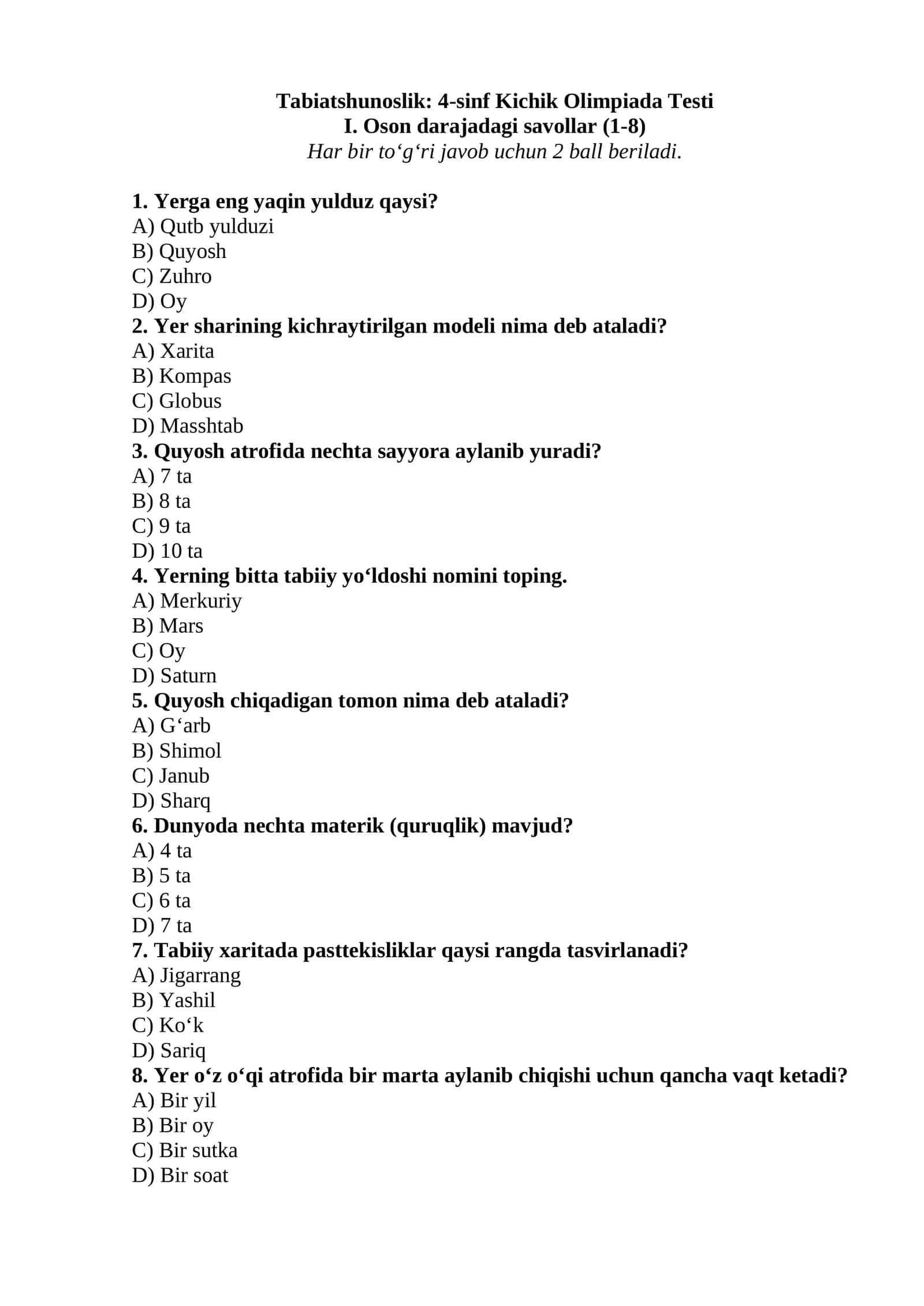 Tabiatshunoslik: 4-sinf Kichik Olimpiada Testi