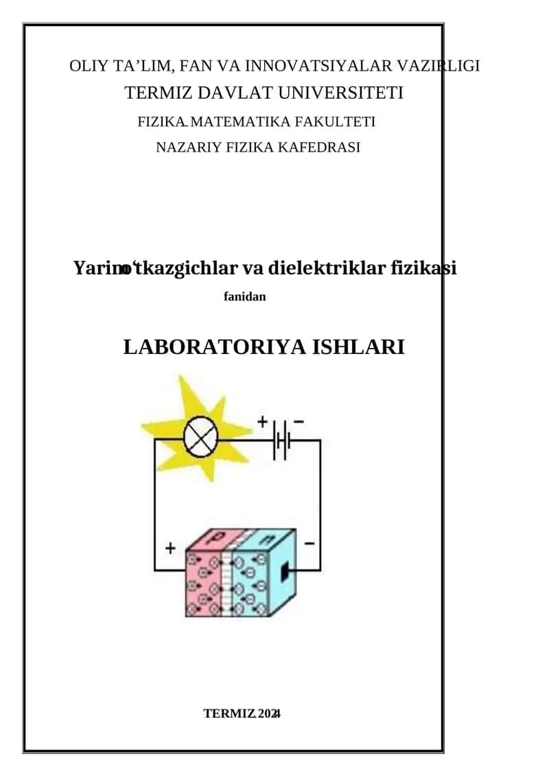 Yarim o‘tkazgichlar va dielektriklar fizikasi fanidan LABORATORIYA ISHLARI