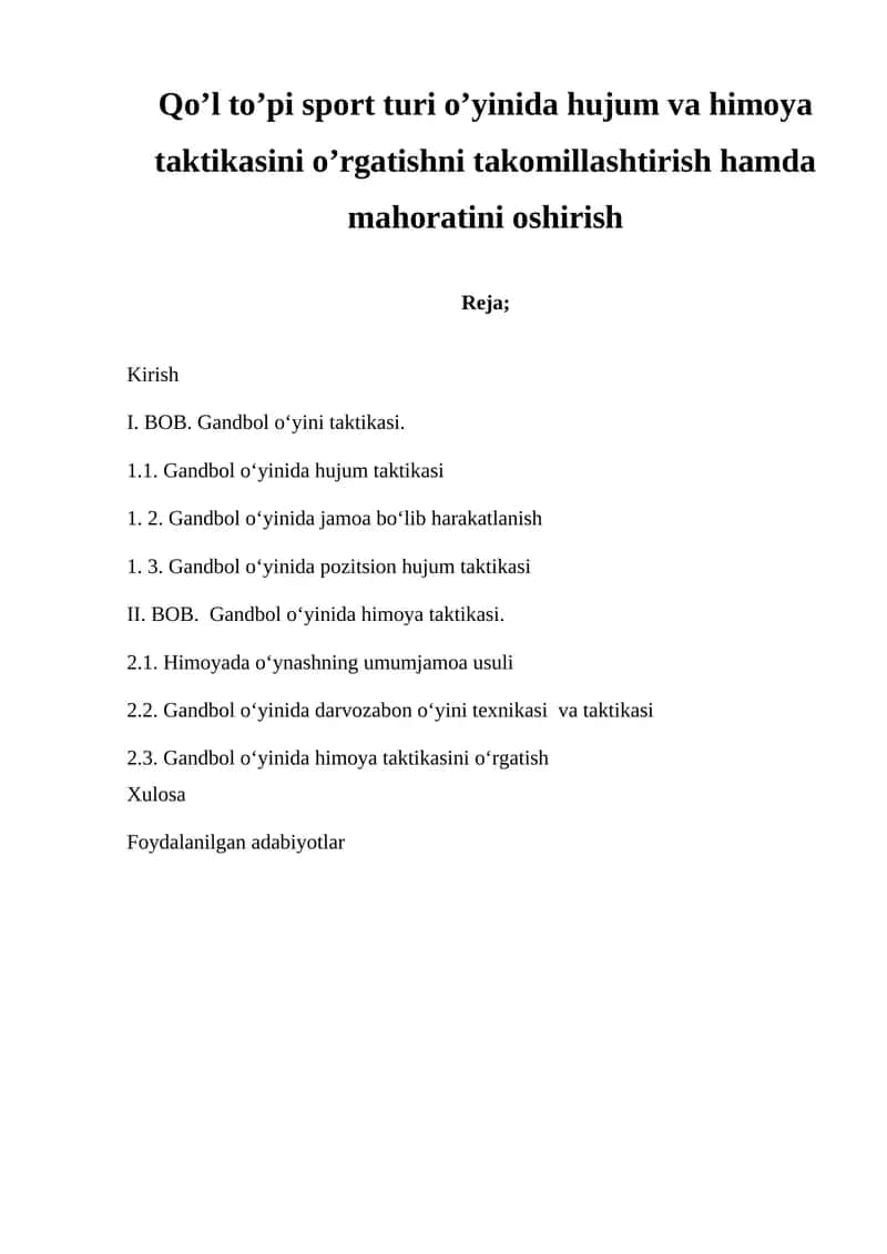 Qo’l to’pi sport turi o’yinida hujum va himoya taktikasini o’rgatishni takomillashtirish hamda mahoratini oshirish