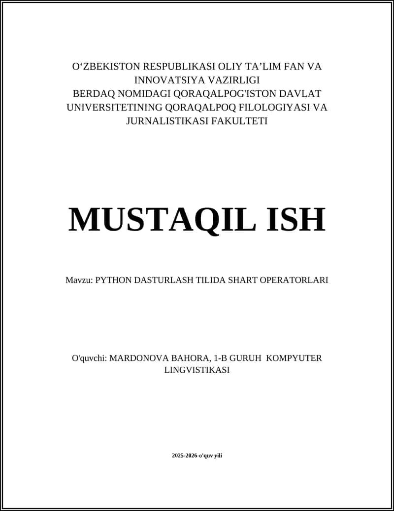 PYTHON DASTURLASH TILIDA SHART OPERATORLARI
