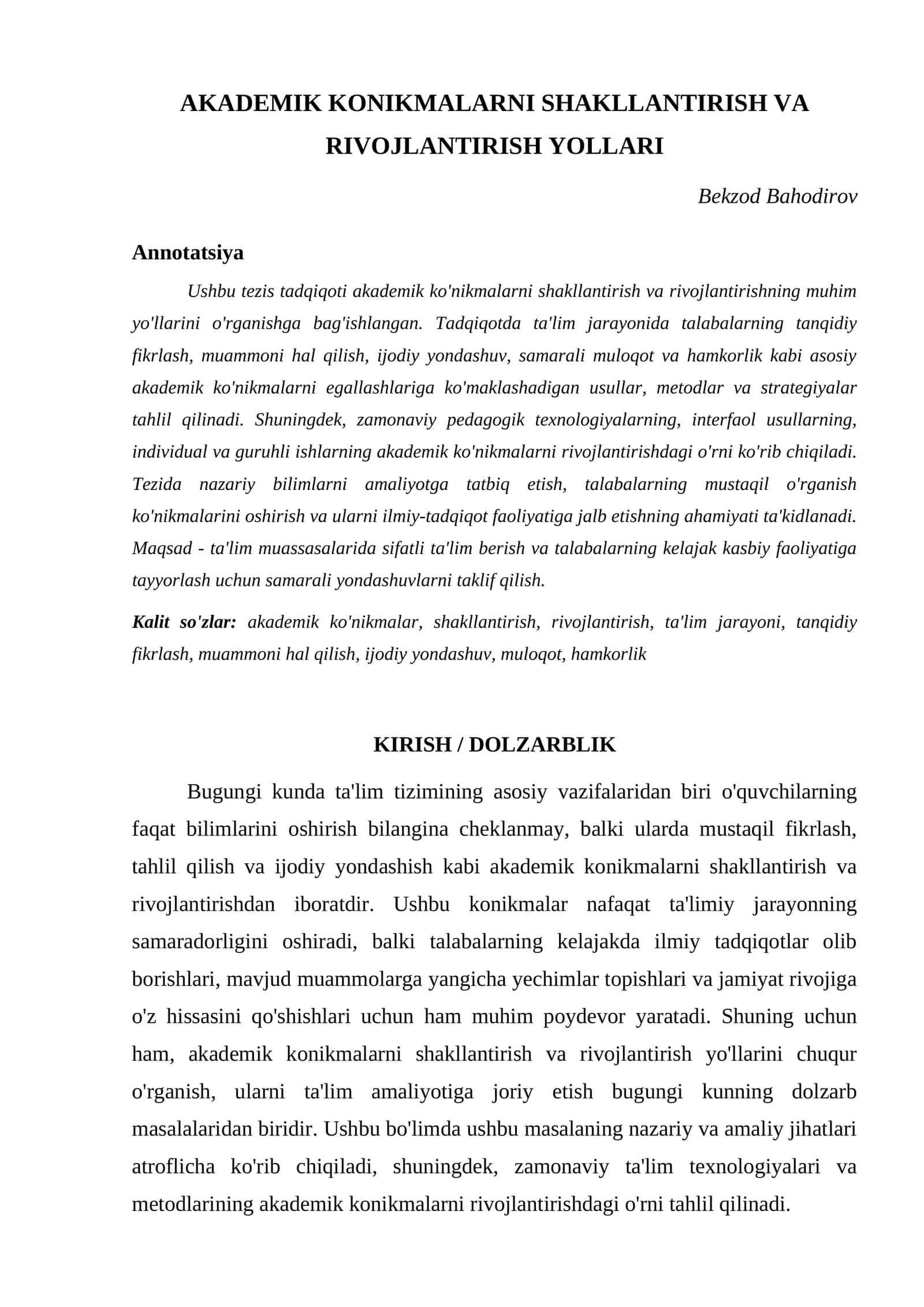 AKADEMIK KONIKMALARNI SHAKLLANTIRISH VA RIVOJLANTIRISH YOLLARI