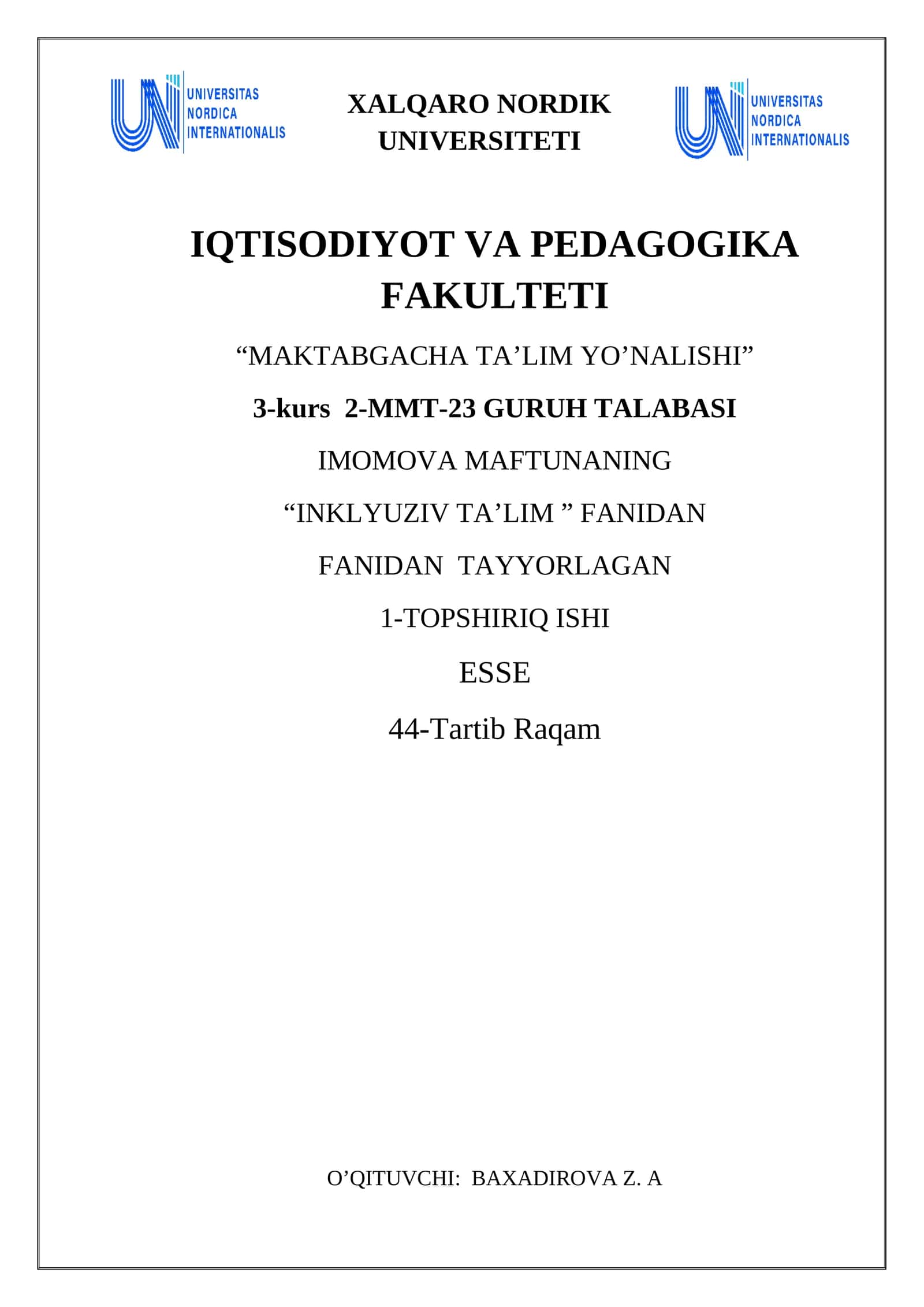INKLYUZIV TA'LIMNING MOHIYATI VA TARBIYACHINING ROLI