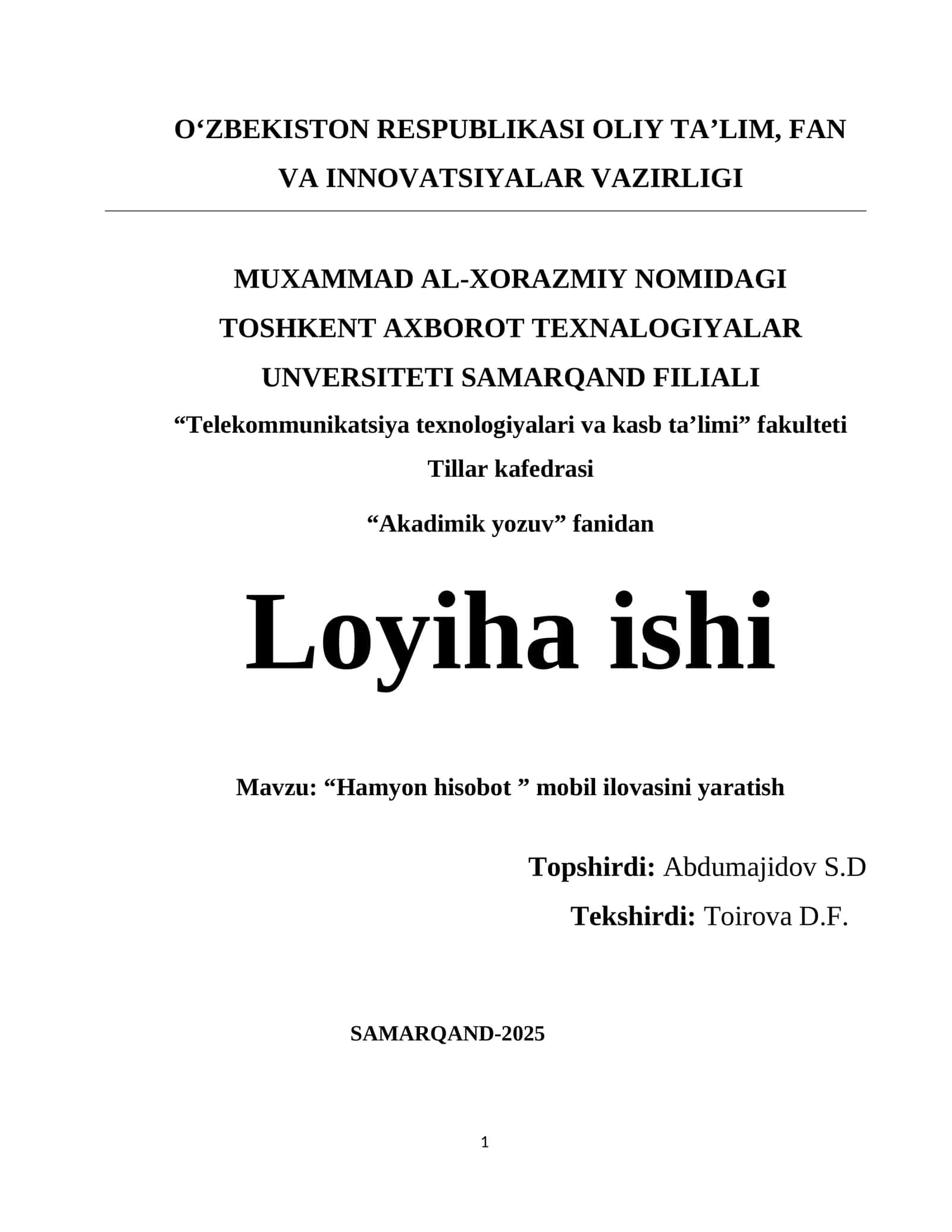 “Hamyon hisobot ”mobililovasiniyaratish