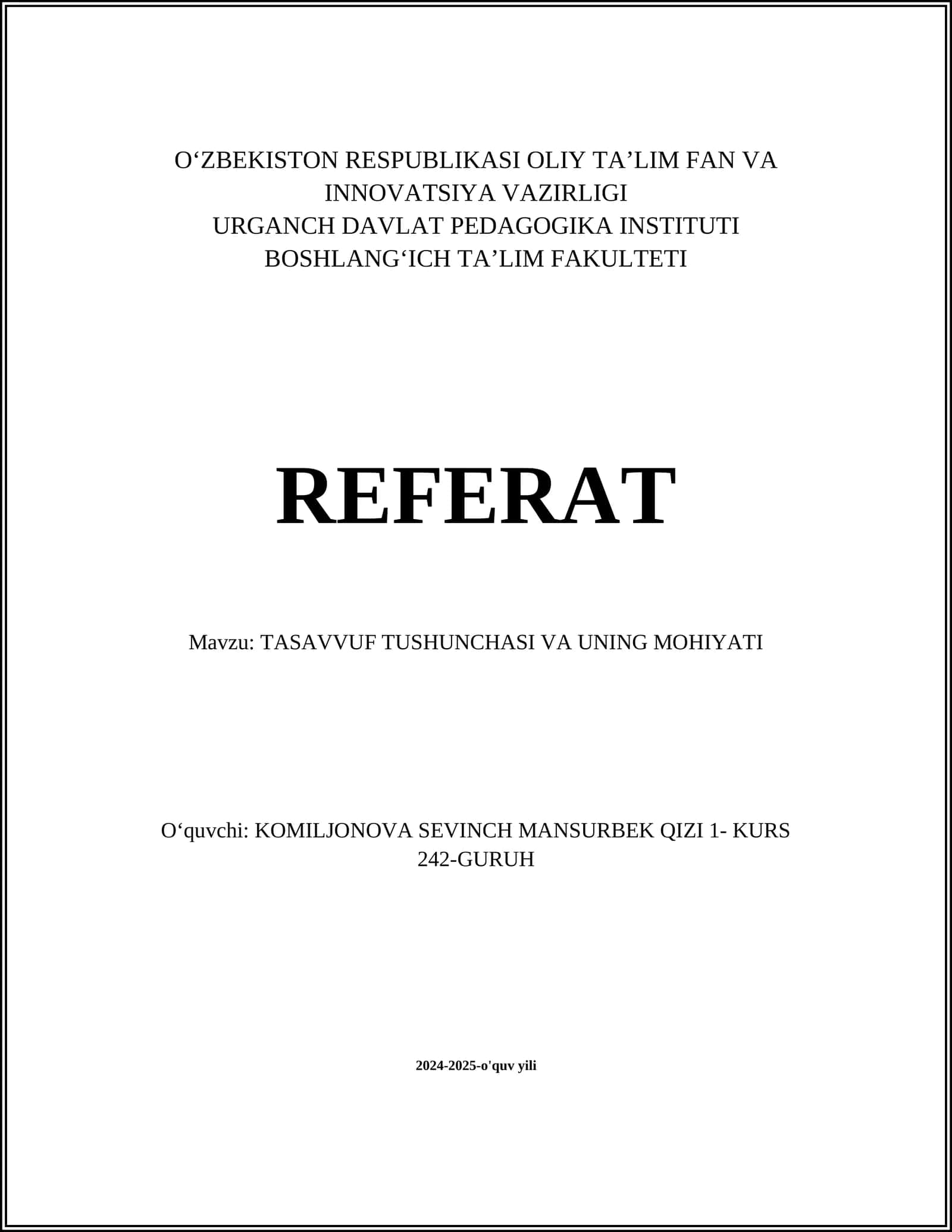 TASAVVUF TUSHUNCHASI VA UNING MOHIYATI