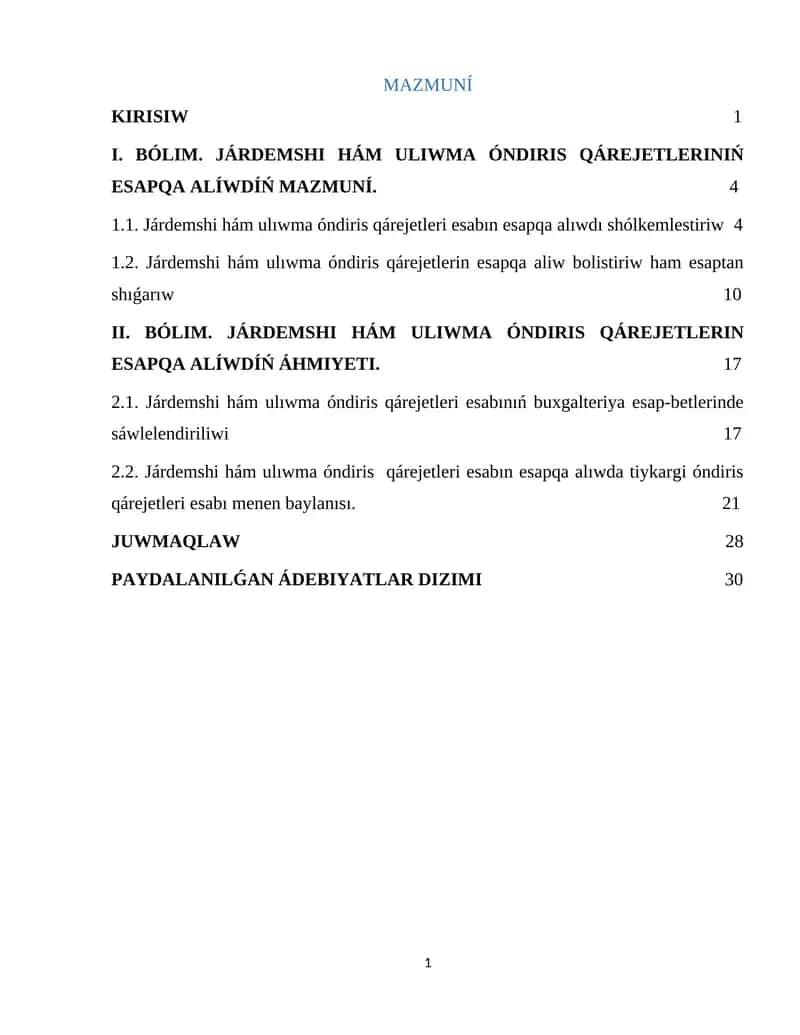 Járdemshi hám ulıwma óndiris qárejetleri esapqa alıw