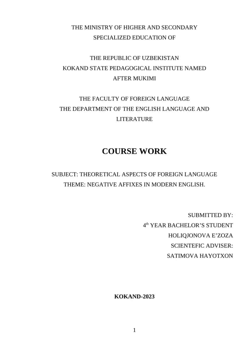 Course Work on Negative Affixes in Modern English