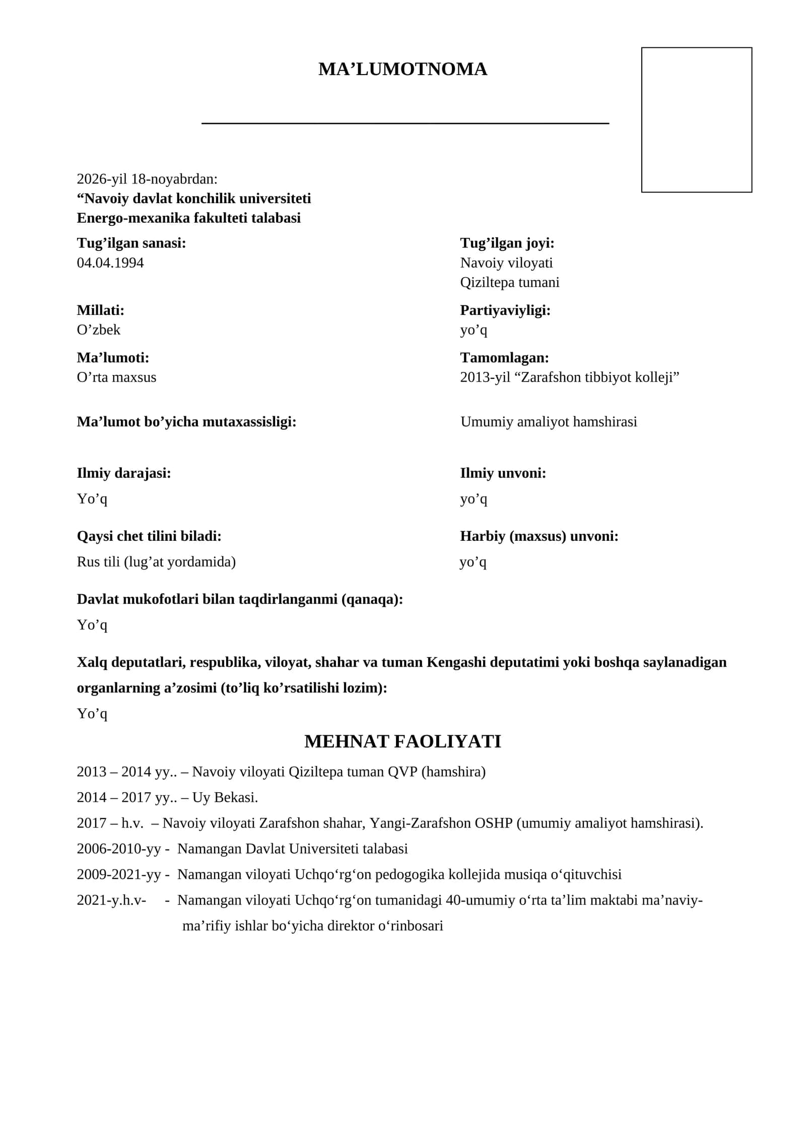 obyektivka namuna | obyektivka namunalari | Ishga kirishda kerak bo‘ladigan obyektivka shakli Ma’lumotnoma (obyektivka) to‘liq namuna – oson to‘ldiriladigan format”