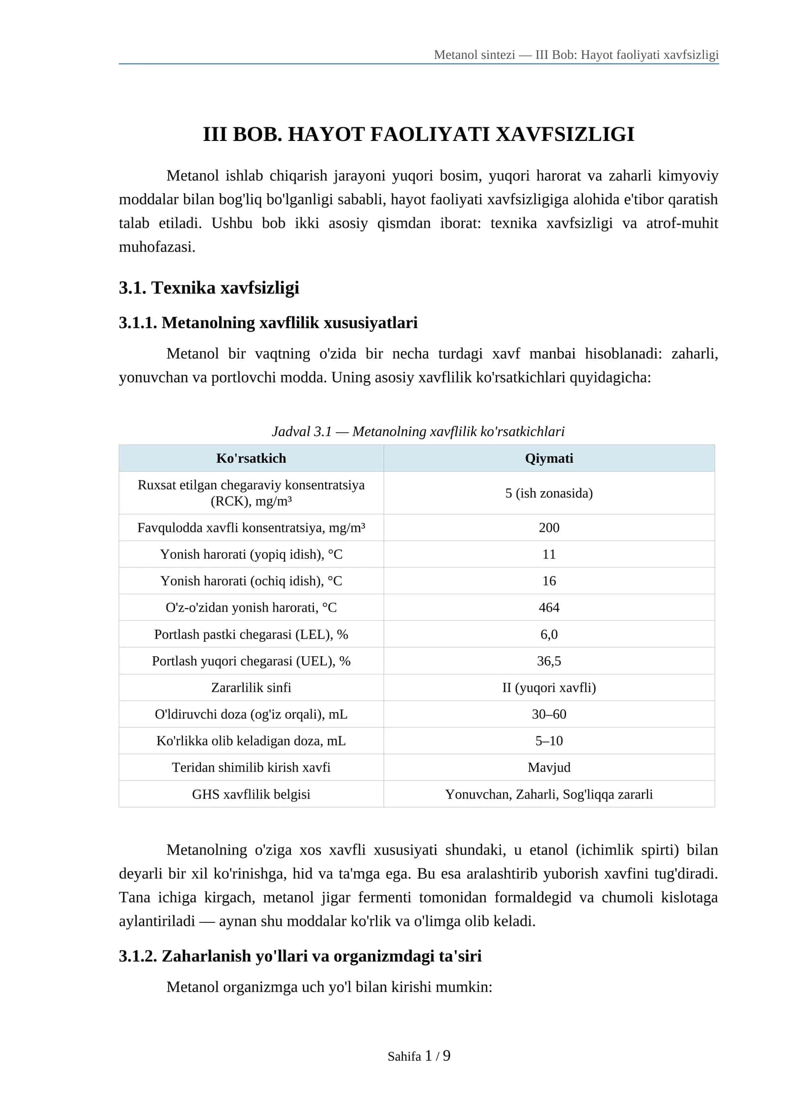 Metanol sintezi — III Bob: Hayot faoliyati xavfsizligi