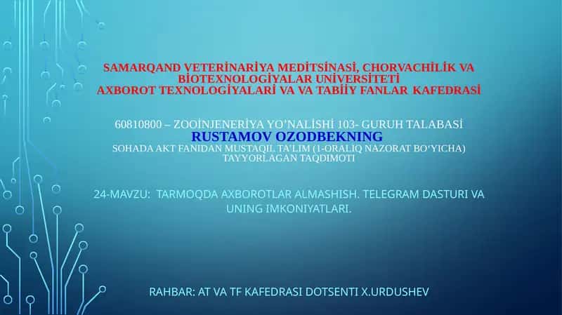 Zooinjeneriya yo’nalishi Mustaqil ta’lim