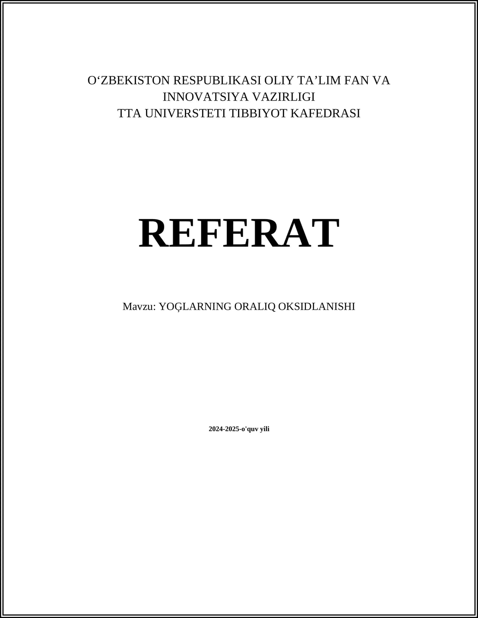 YOĢLARNING ORALIQ OKSIDLANISHI