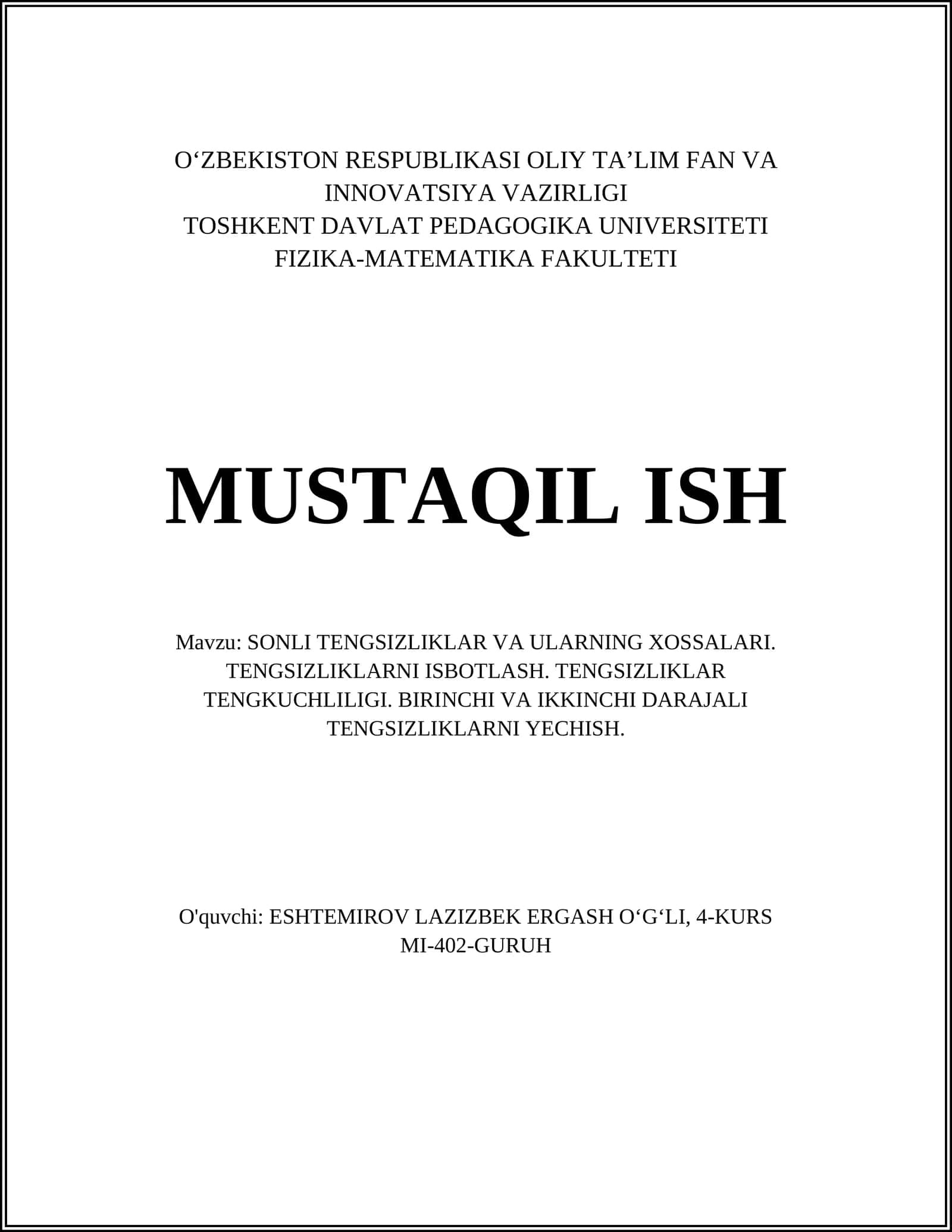 SONLI TENGSIZLIKLAR VA ULARNING XOSSALARI