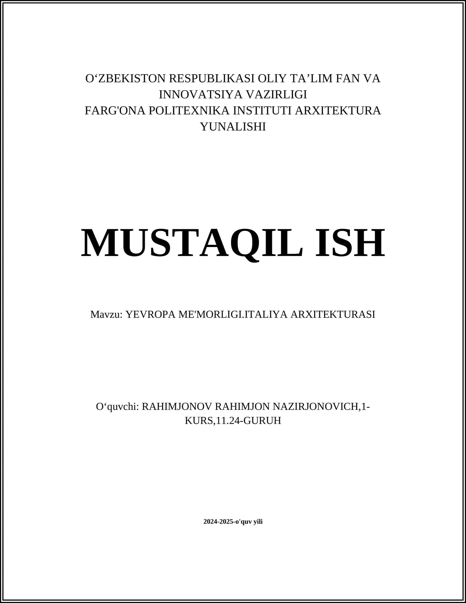 YEVROPA ME'MORLIGI.ITALIYA ARXITEKTURASI