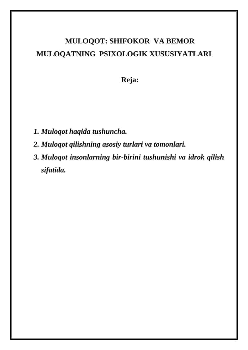 Muloqot: Shifokor va bemor muloqatning psixologik xususiyatlari