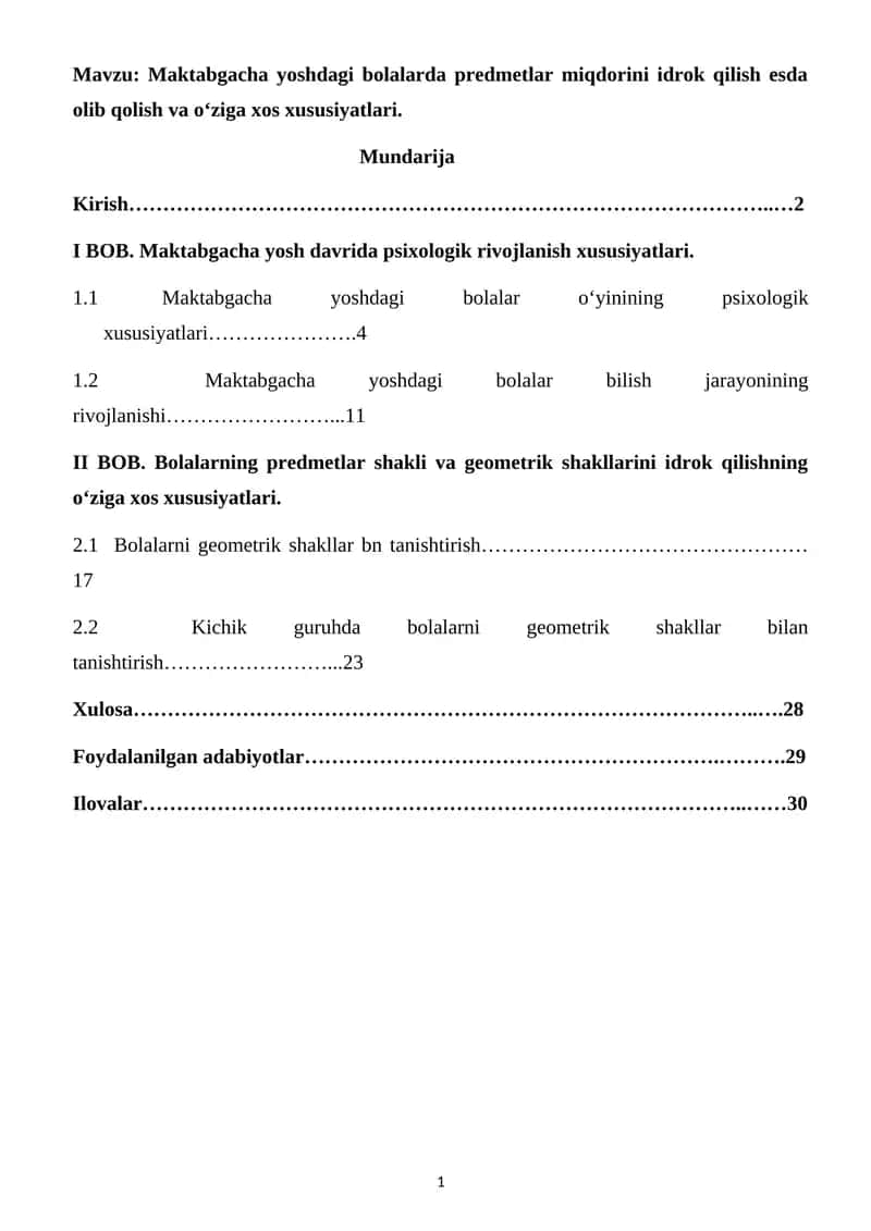 Maktabgacha yoshdagi bolalarda predmetlar miqdorini idrok qilish