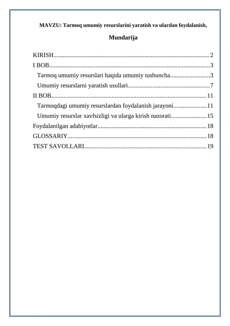 Tarmoq umumiy resurslari haqida umumiy tushuncha