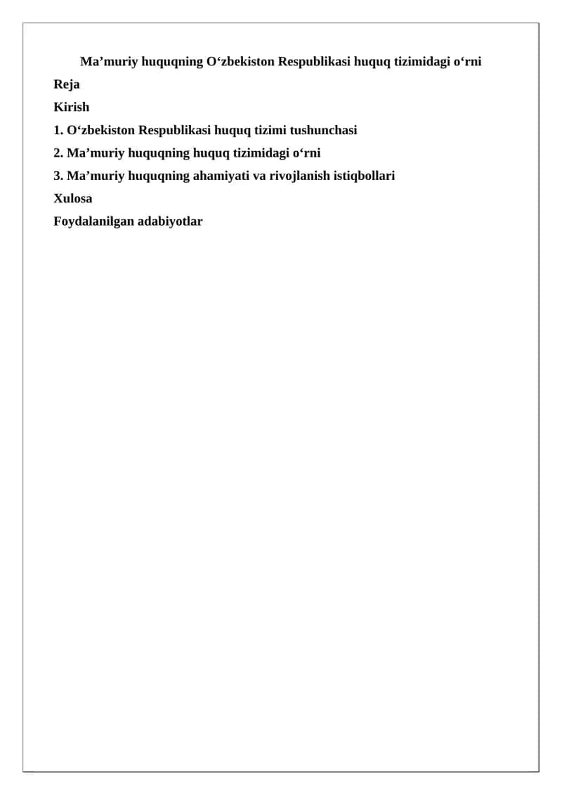 Ma’muriy huquqning O‘zbekiston Respublikasi huquq tizimidagi o‘rni
