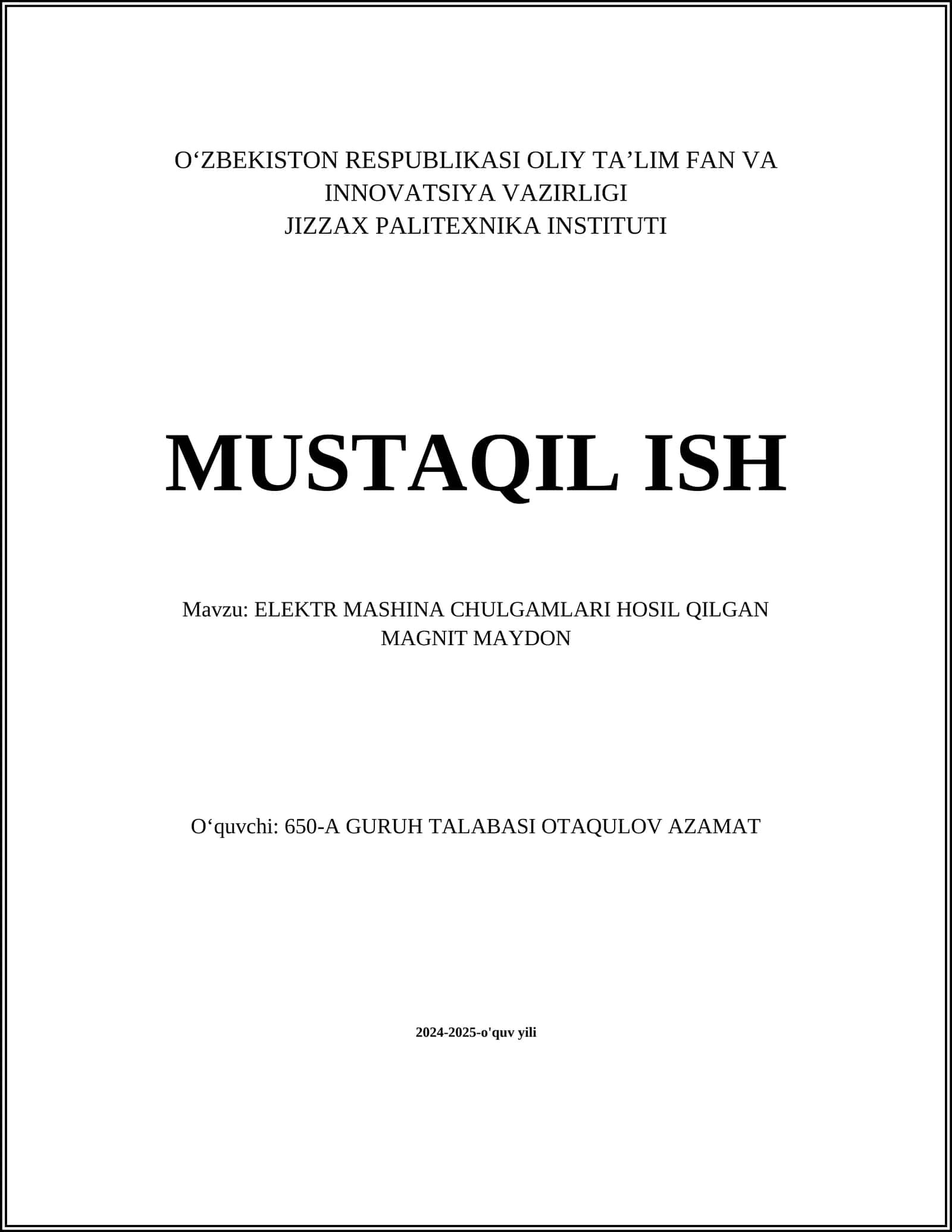 ELEKTR MASHINA CHULGAMLARI HOSIL QILGAN MAGNIT MAYDON