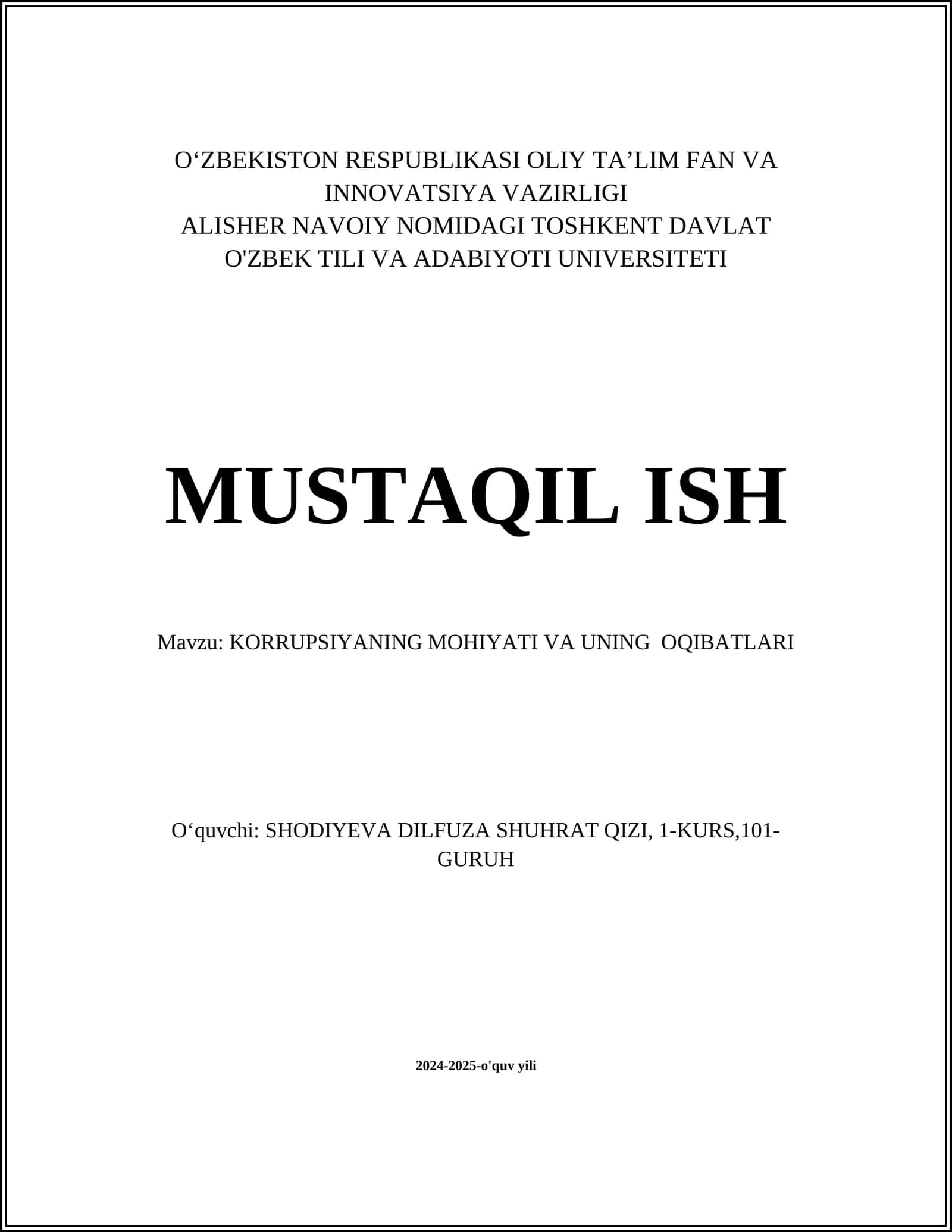 KORRUPSIYANING MOHIYATI VA UNING OQIBATLARI
