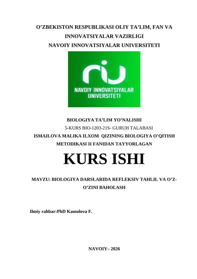 BIOLOGIYA DARSLARIDA REFLEKSIV TAHLIL VA O’Z-O’ZINI BAHOLASH kurs ishi