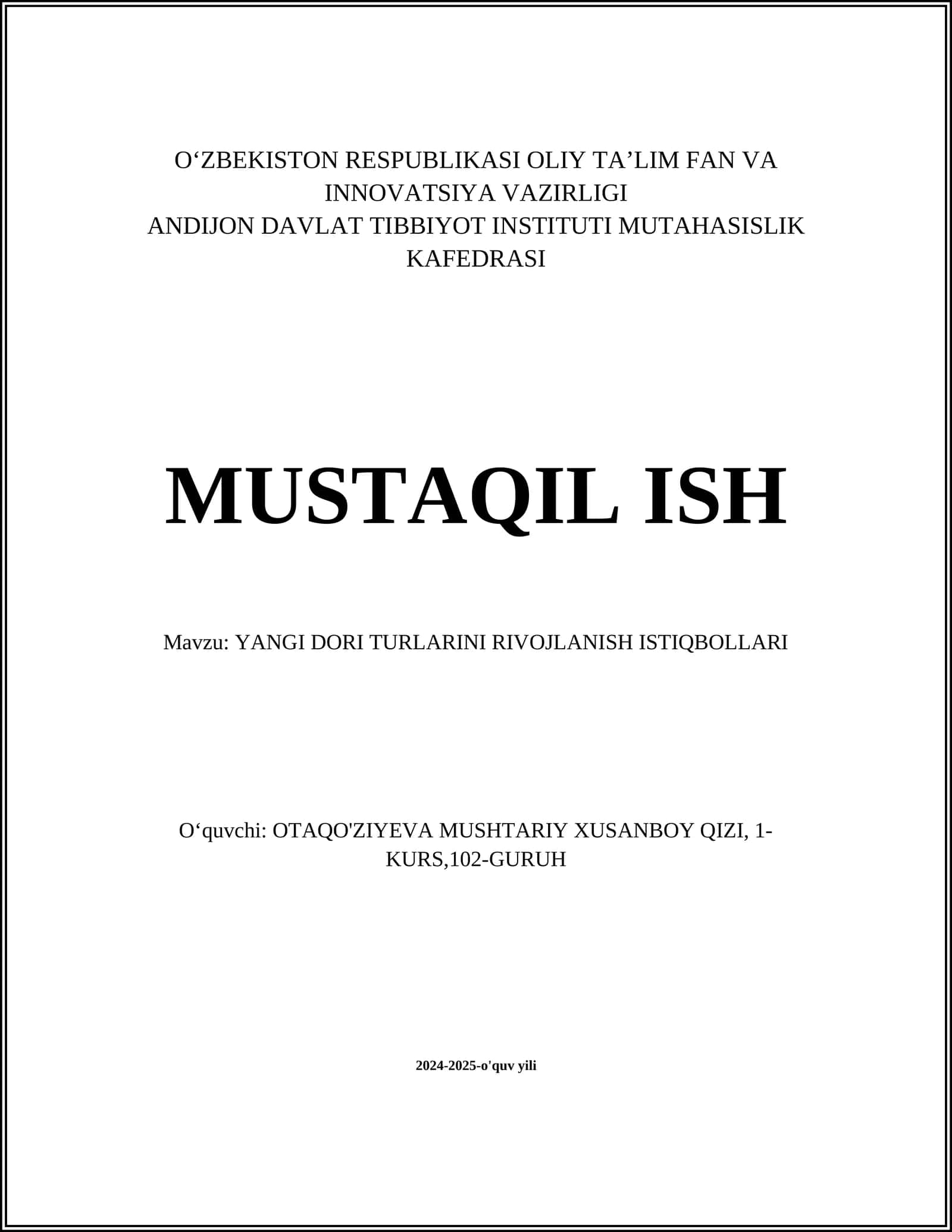 YANGI DORI TURLARINI RIVOJLANISH ISTIQBOLLARI