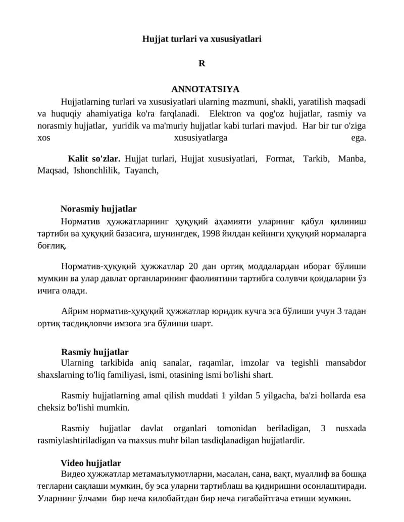 Hujjat turlari va xususiyatlari