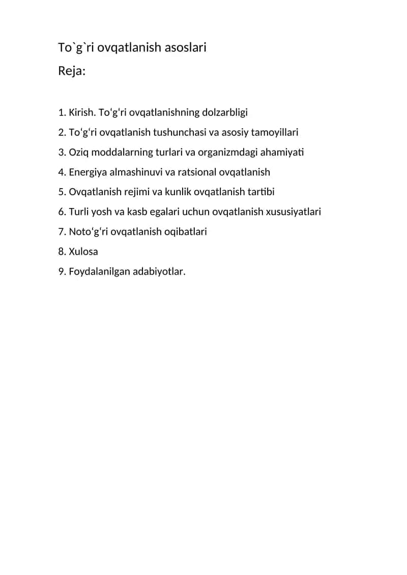 To`g`ri ovqatlanish asoslari