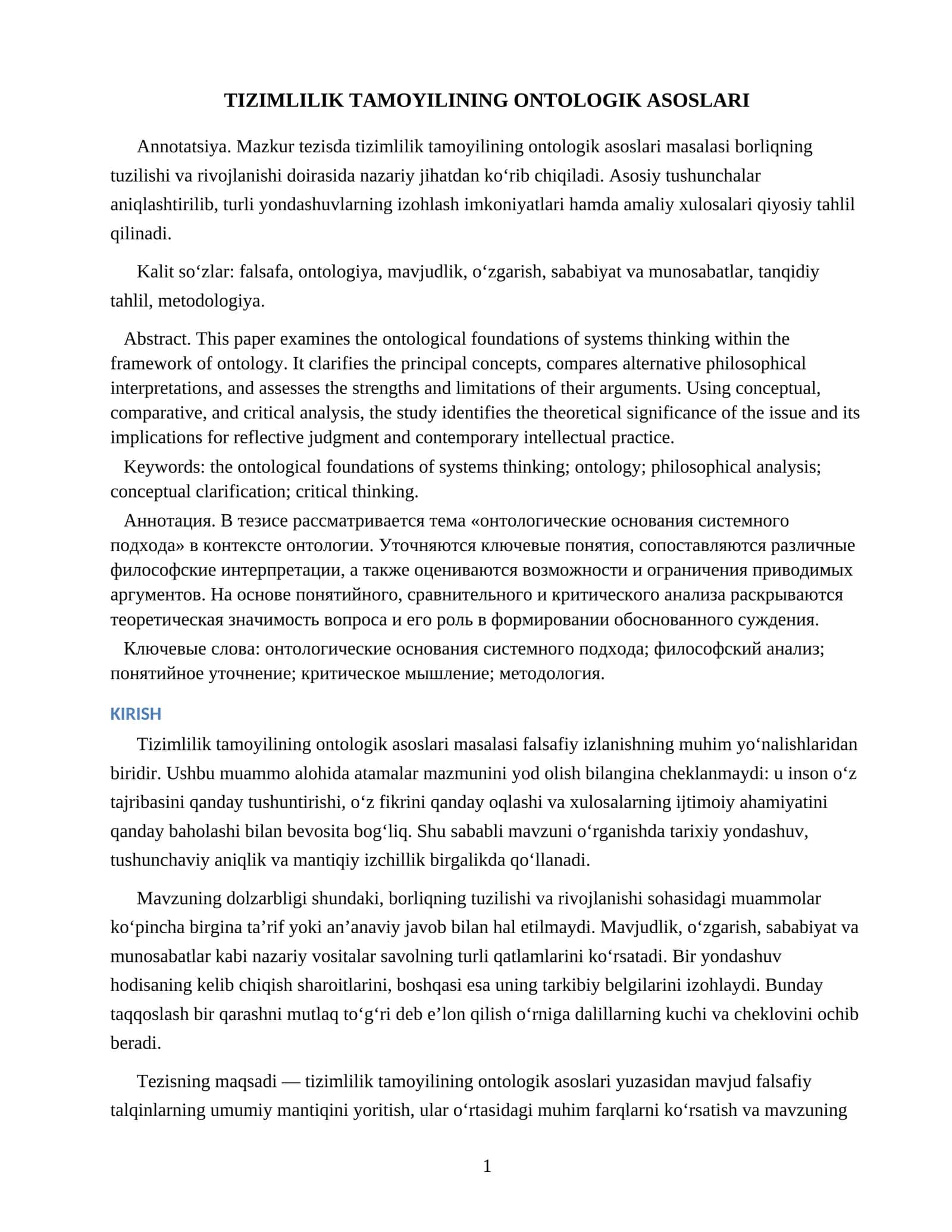 TIZIMLILIK TAMOYILINING ONTOLOGIK ASOSLARI