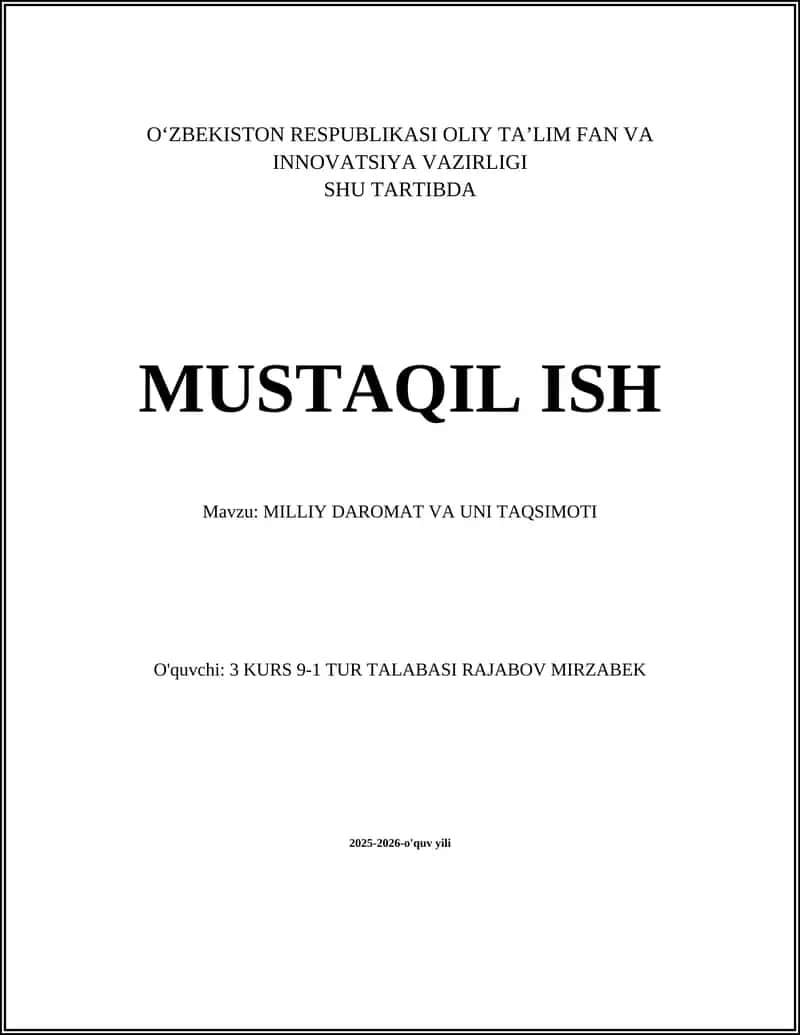 MILLIY DAROMAT VA UNI TAQSIMOTI