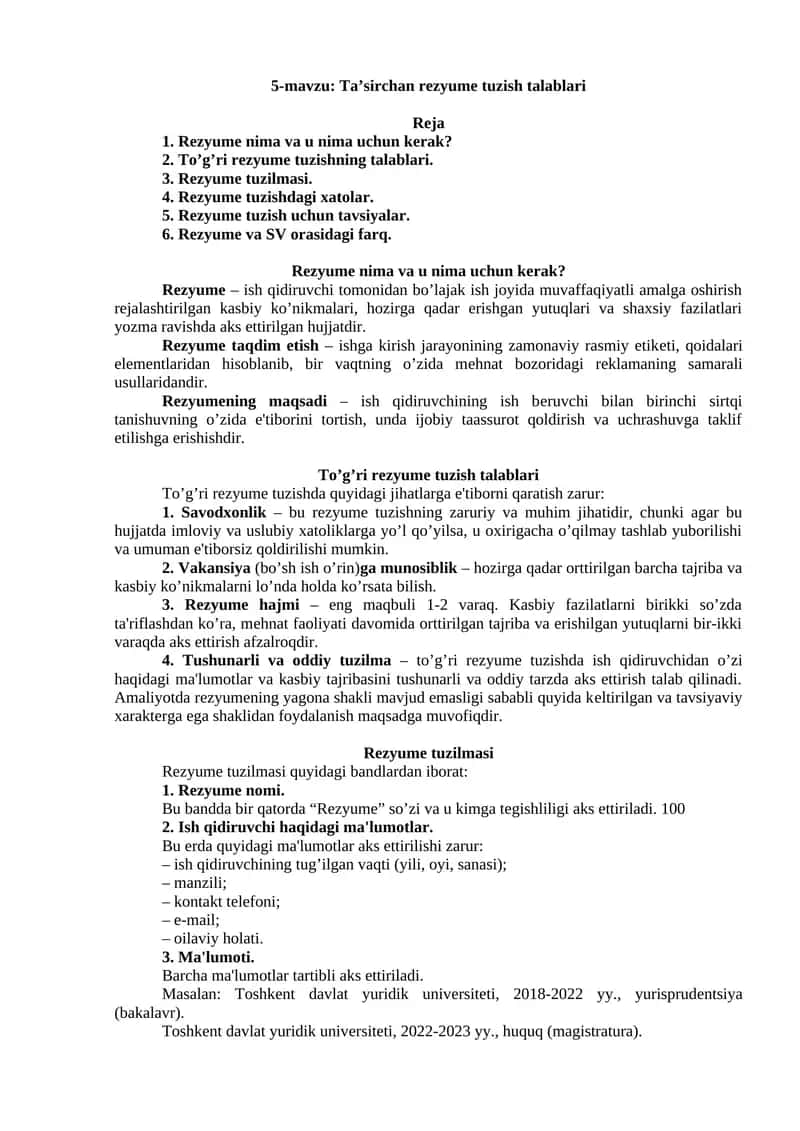 Rеzyumе tuzish talablari