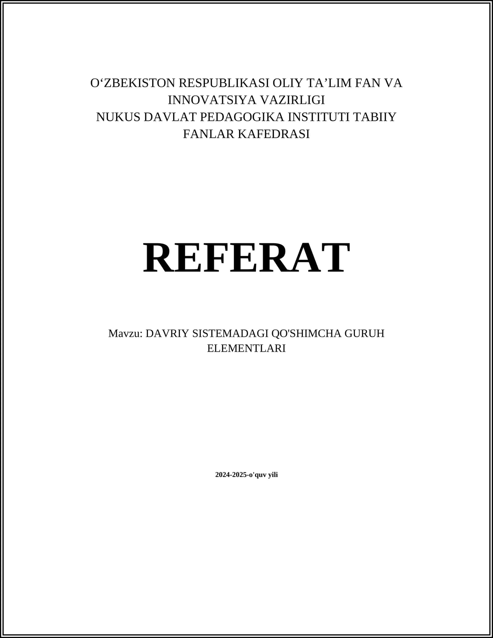 DAVRIY SISTEMADAGI QO'SHIMCHA GURUH ELEMENTLARI