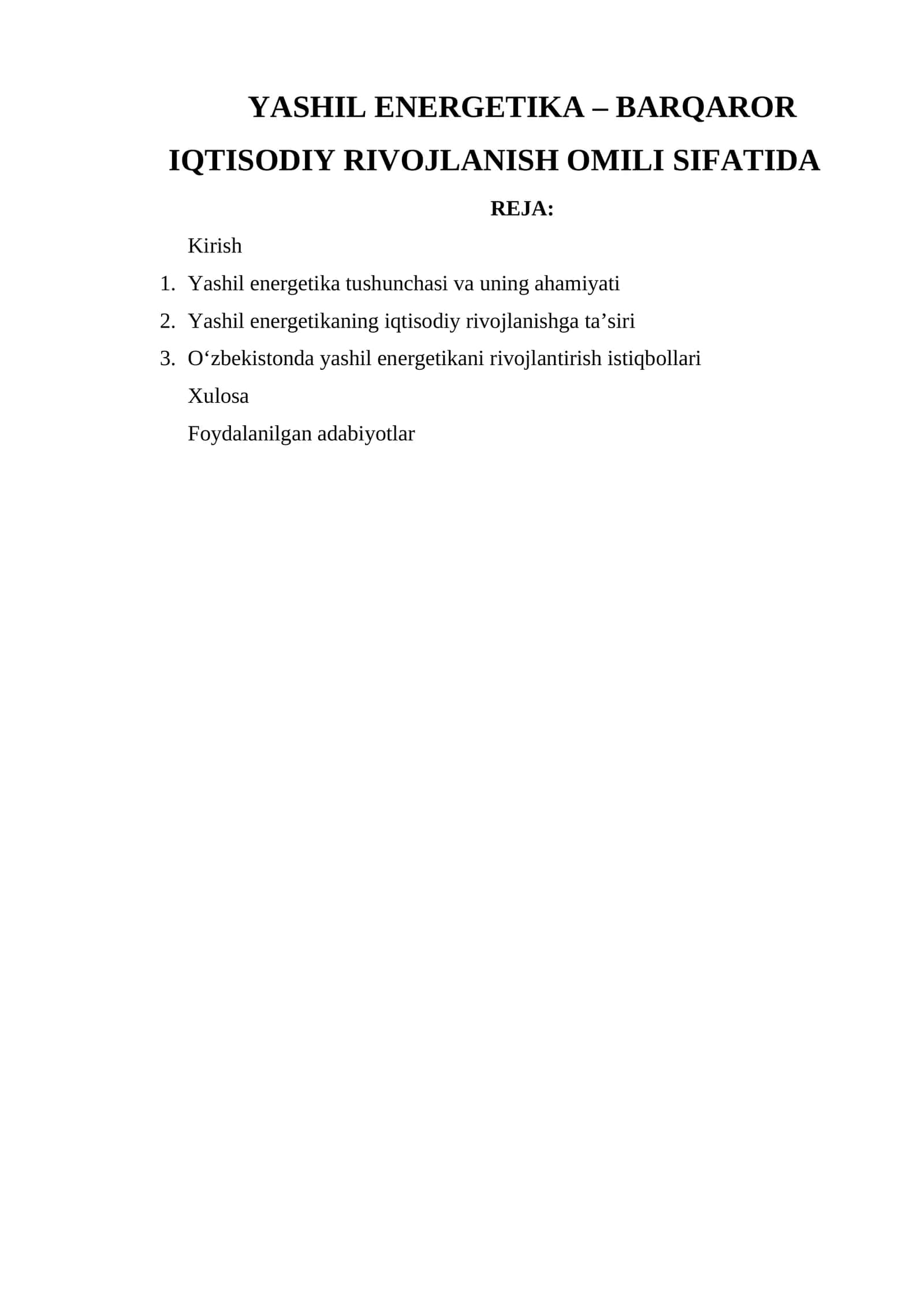Yashil energetika – barqaror iqtisodiy rivojlanish omili sifatida