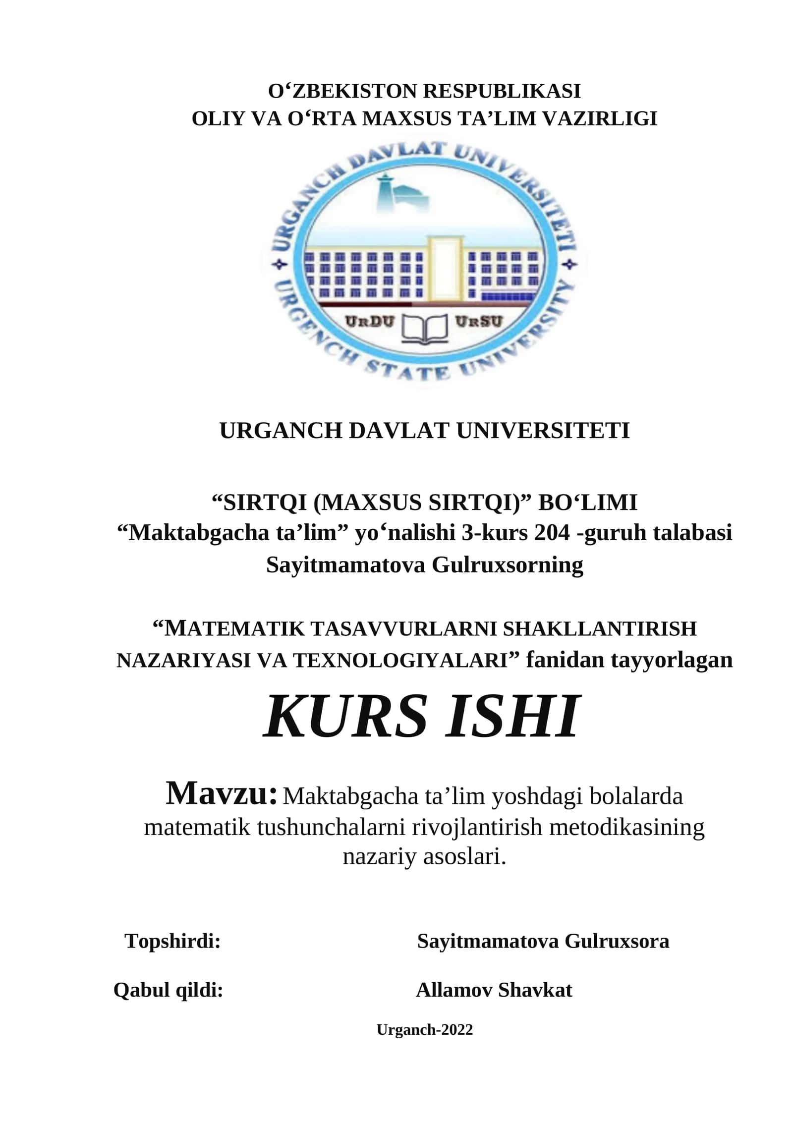 MAKTABGACHA TA'LIM YOSH DAGI BOLALARDA MATEMATIK TUSHUNCHALARNI RIVOJLANTIRISH METODIKASI