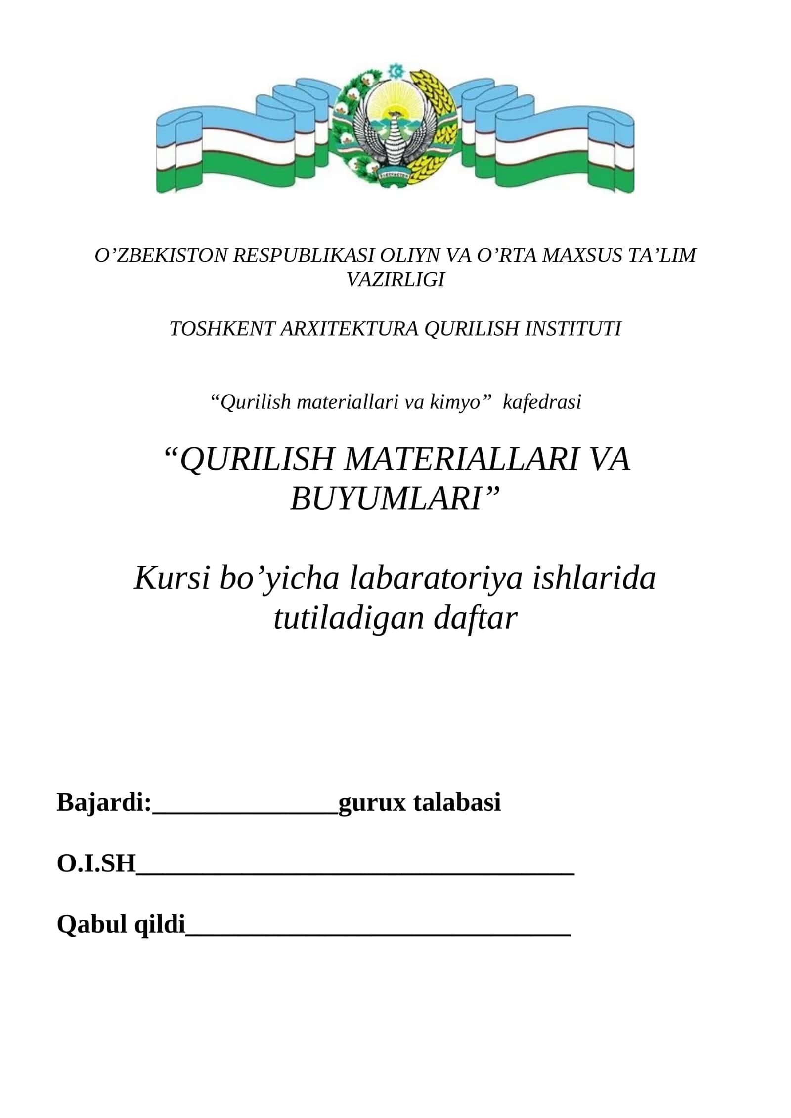 QURILISH MATERIALLARI VA BUYUMLARI labs ishi