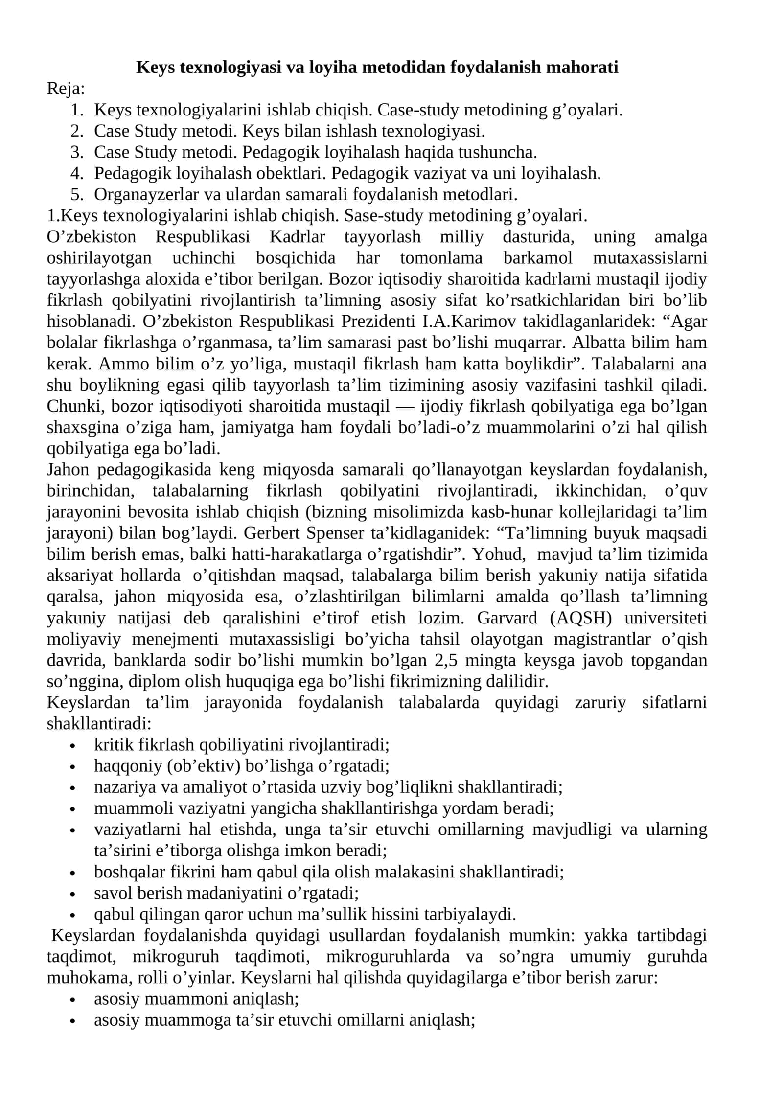 Keys texnologiyasi va loyiha metodidan foydalanish mahorati