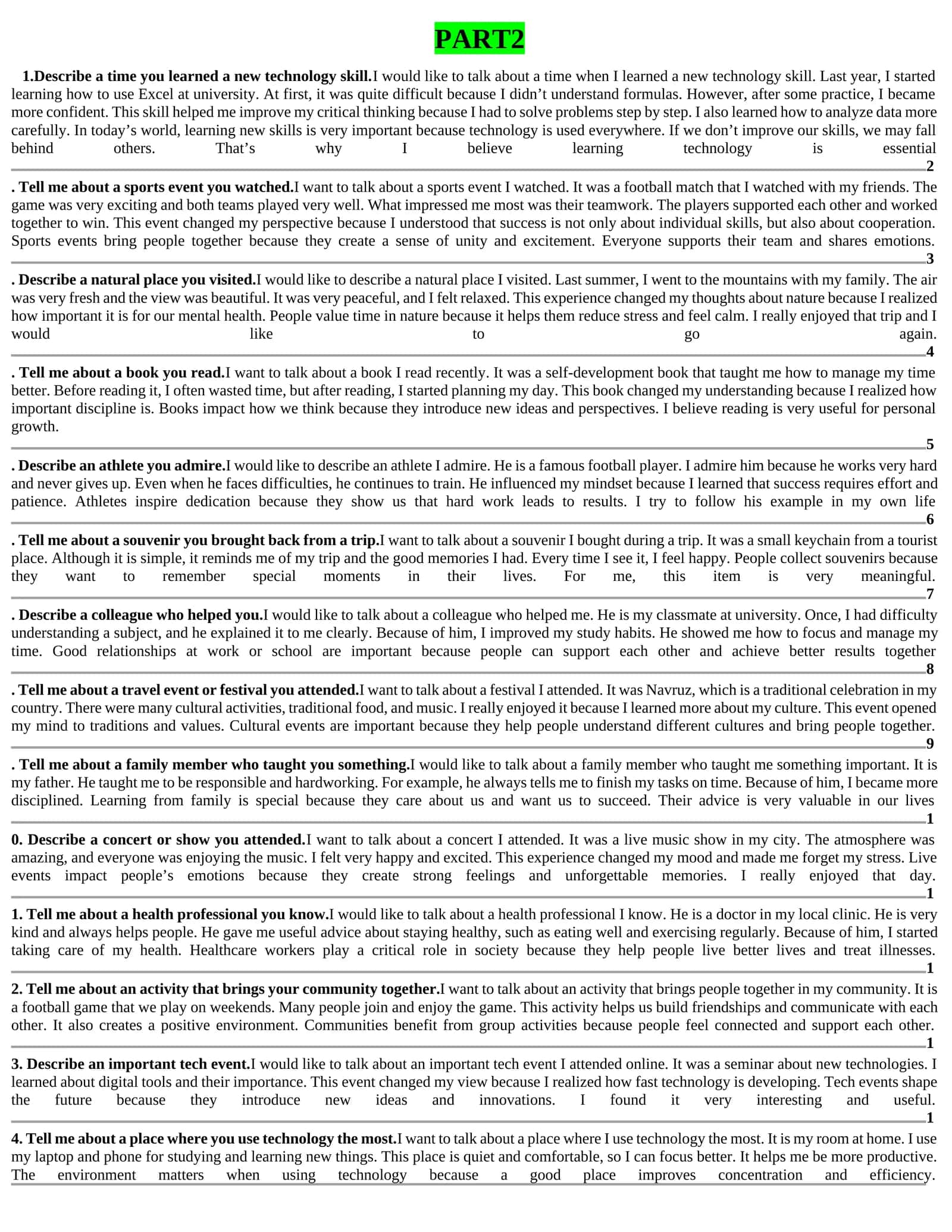 writing PART 2 uchun idea va savollarga javob va shablonlar