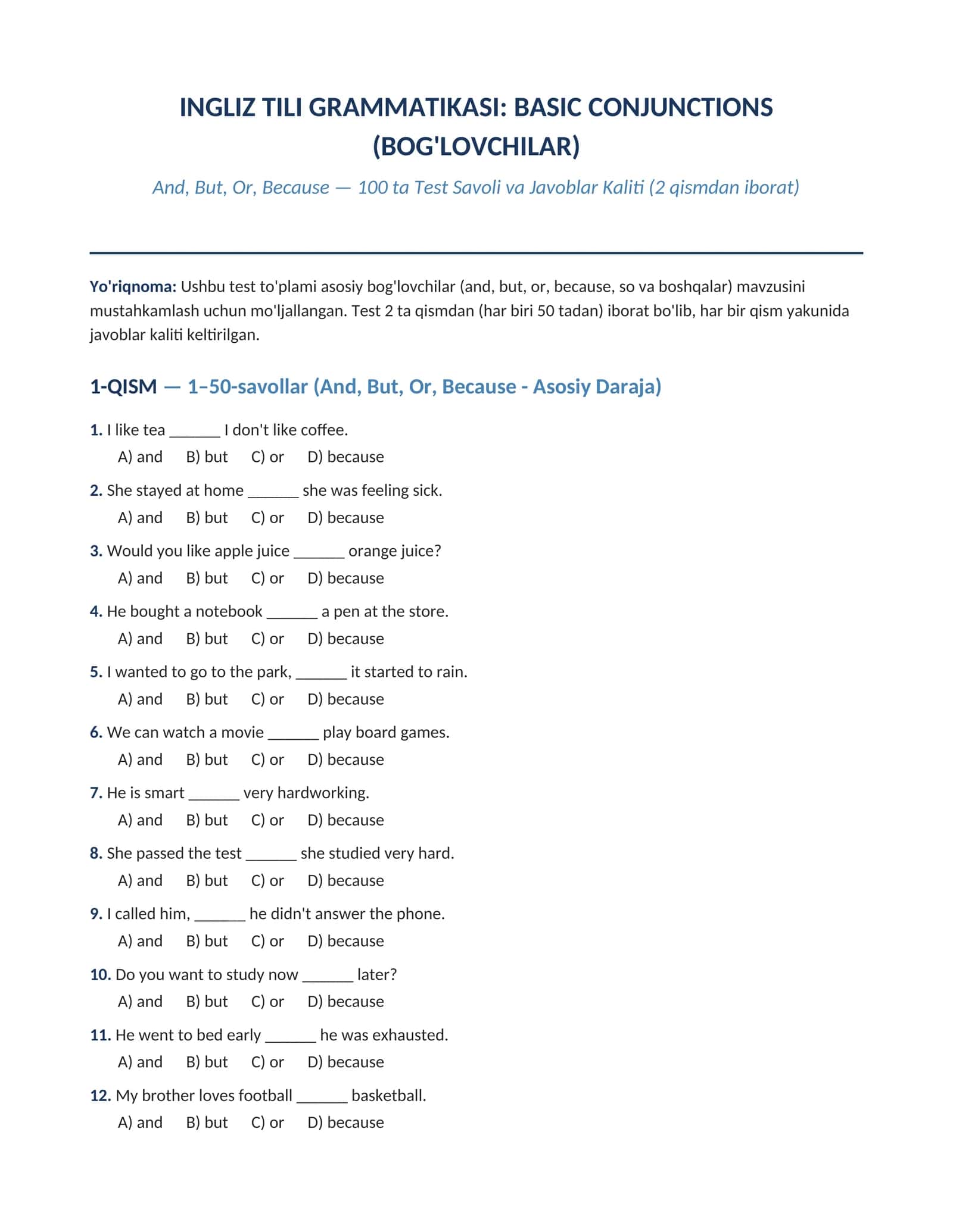 INGLIZ TILI GRAMMATIKASI: BASIC CONJUNCTIONS (BOG'LOVCHILAR)