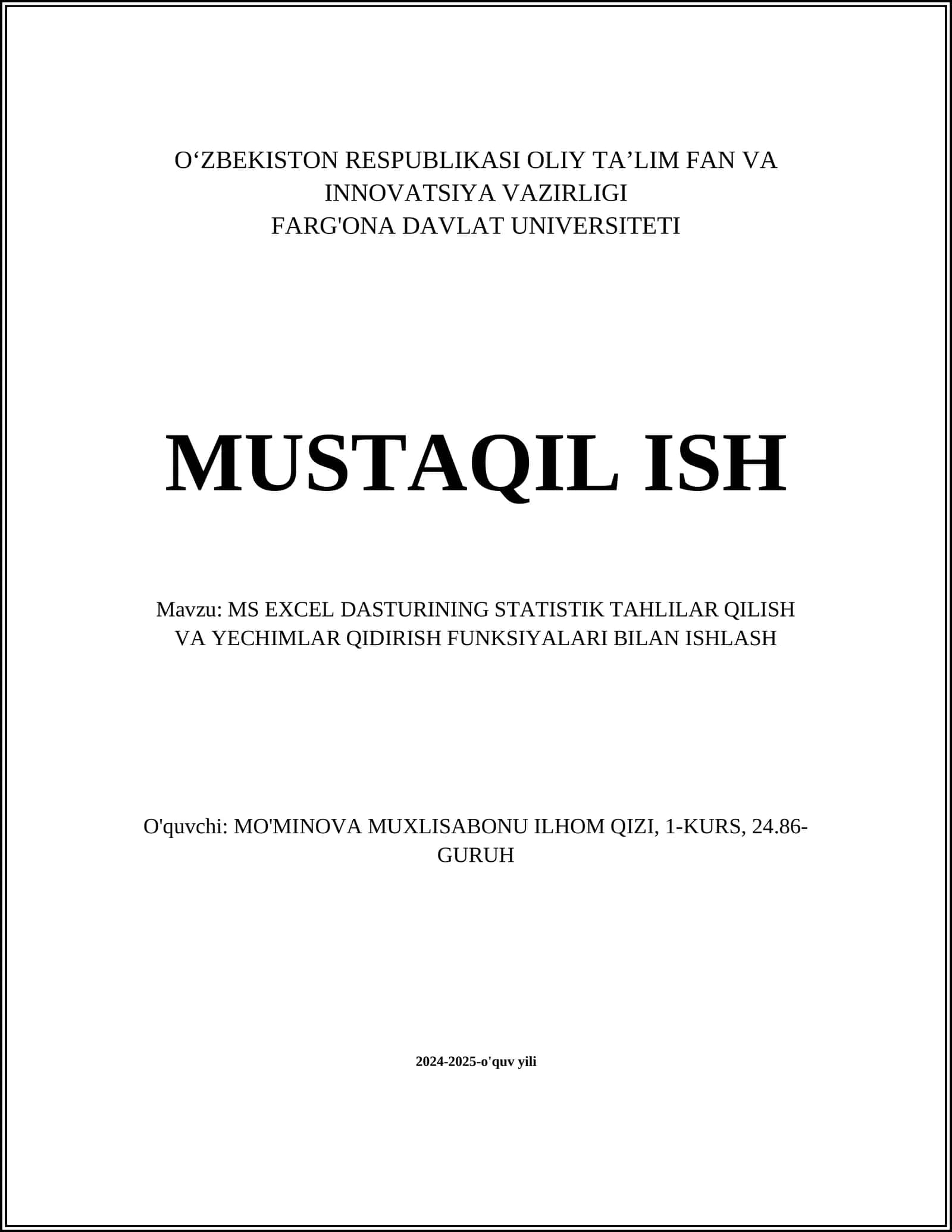 MS EXCEL DASTURINING STATISTIK TAHLILAR QILISH VA YECHIMLAR QIDIRISH FUNKSIYALARI BILAN ISHLASH