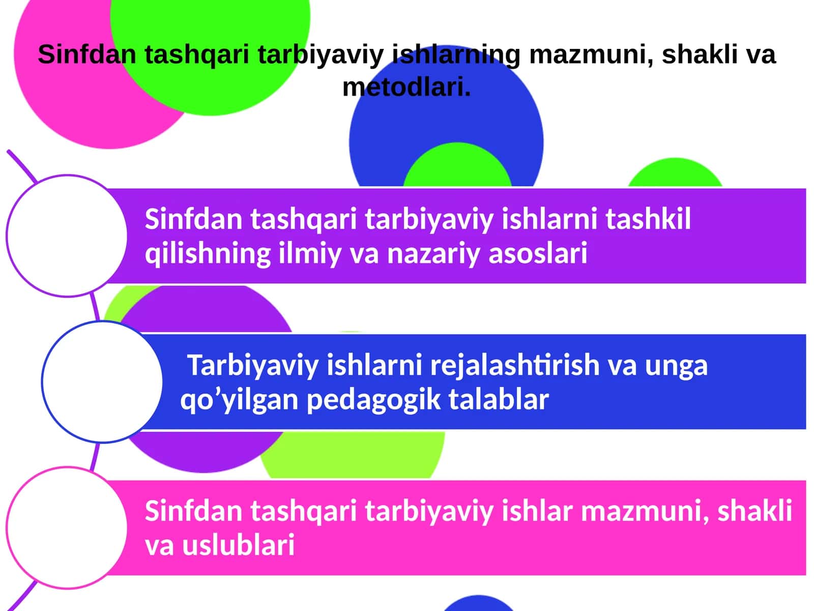 Sinfdan tashqari tarbiyaviy ishlarning mazmuni, shakli va metodlari
