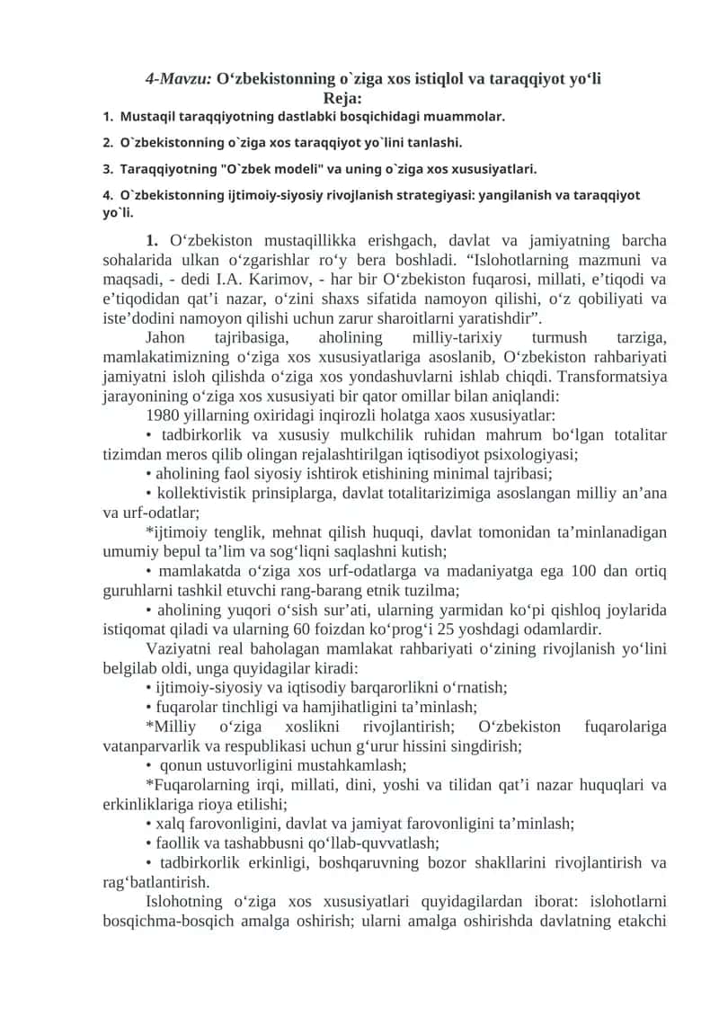 O‘zbekistonning o`ziga xos istiqlol va taraqqiyot yo‘li