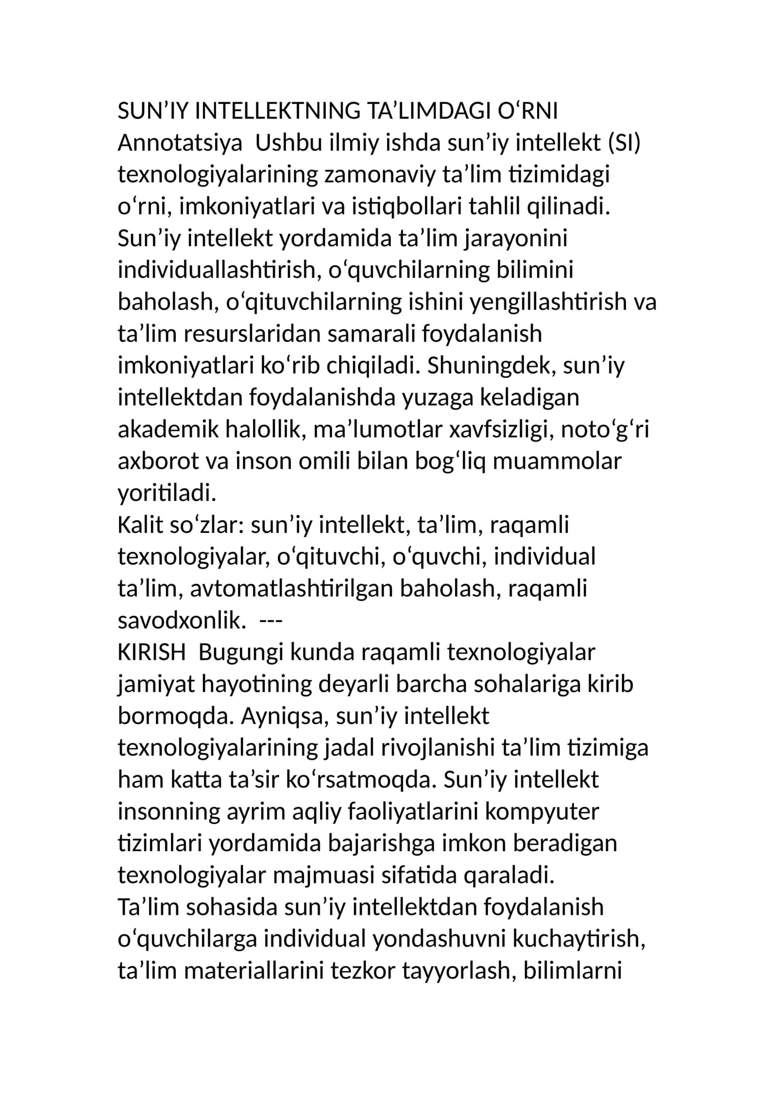 SUN’IY INTELLEKTNING TA’LIMDAGI O‘RNI