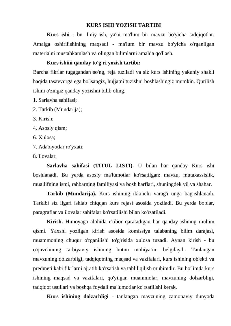 KURS ISHI YOZISH TARTIBI