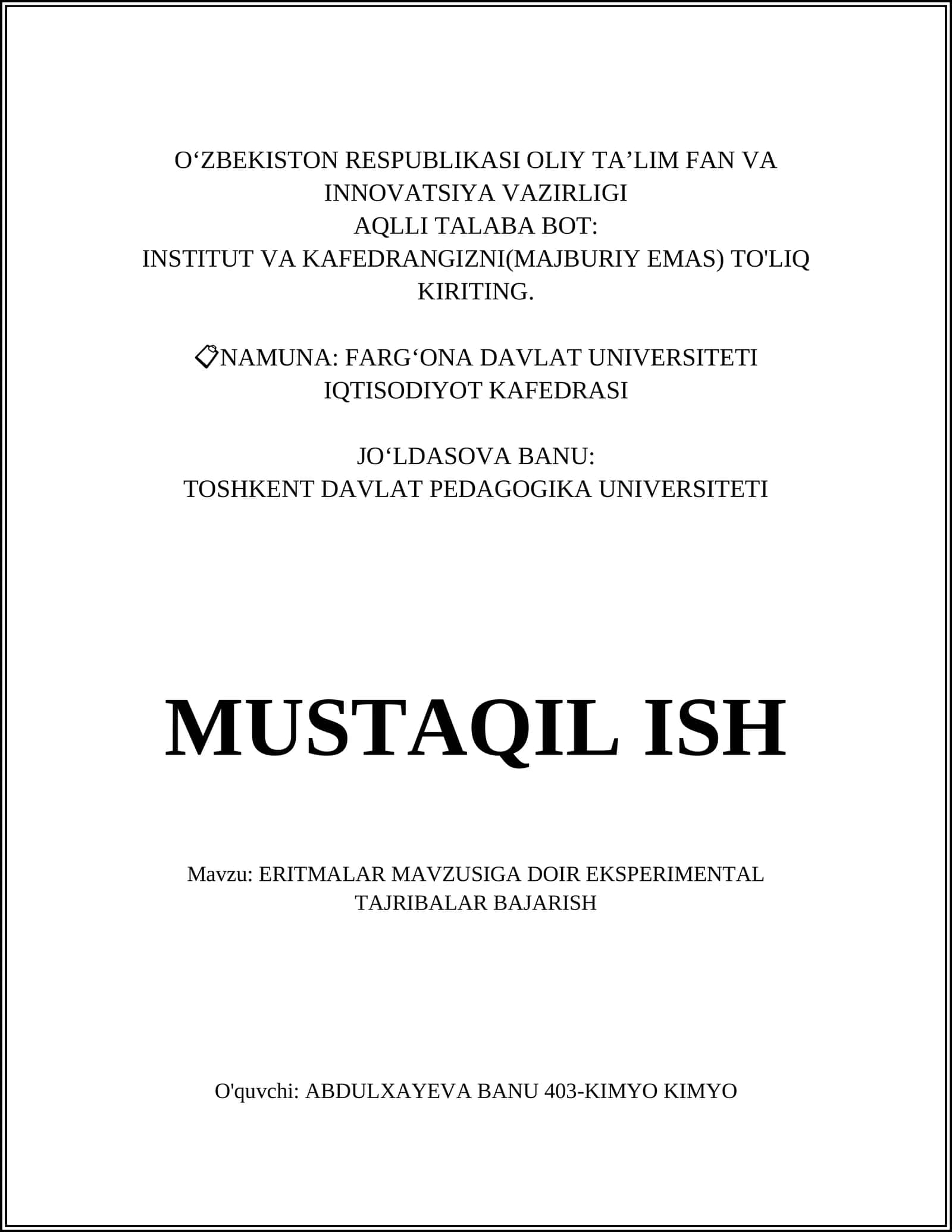 Mavzu: Eritmalar mavzusiga doir eksperimental tajribalar bajarish