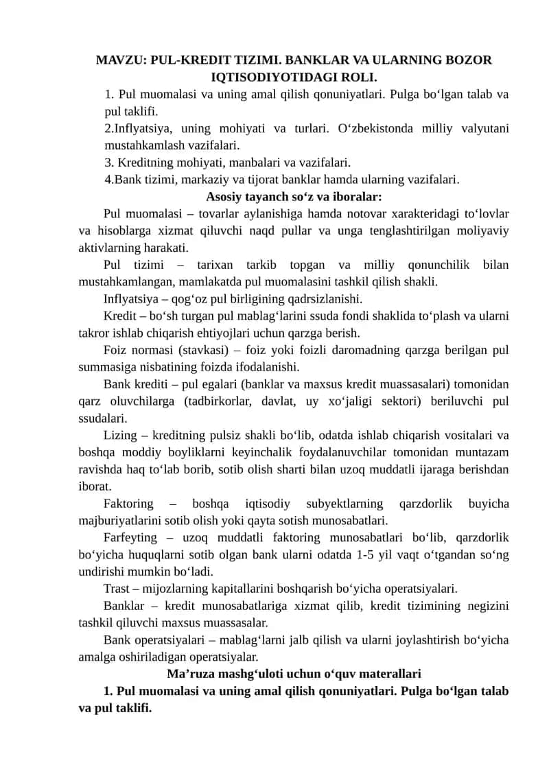 PUL-KREDIT TIZIMI. BANKLAR VA ULARNING BOZOR IQTISODIYOTIDAGI ROLI
